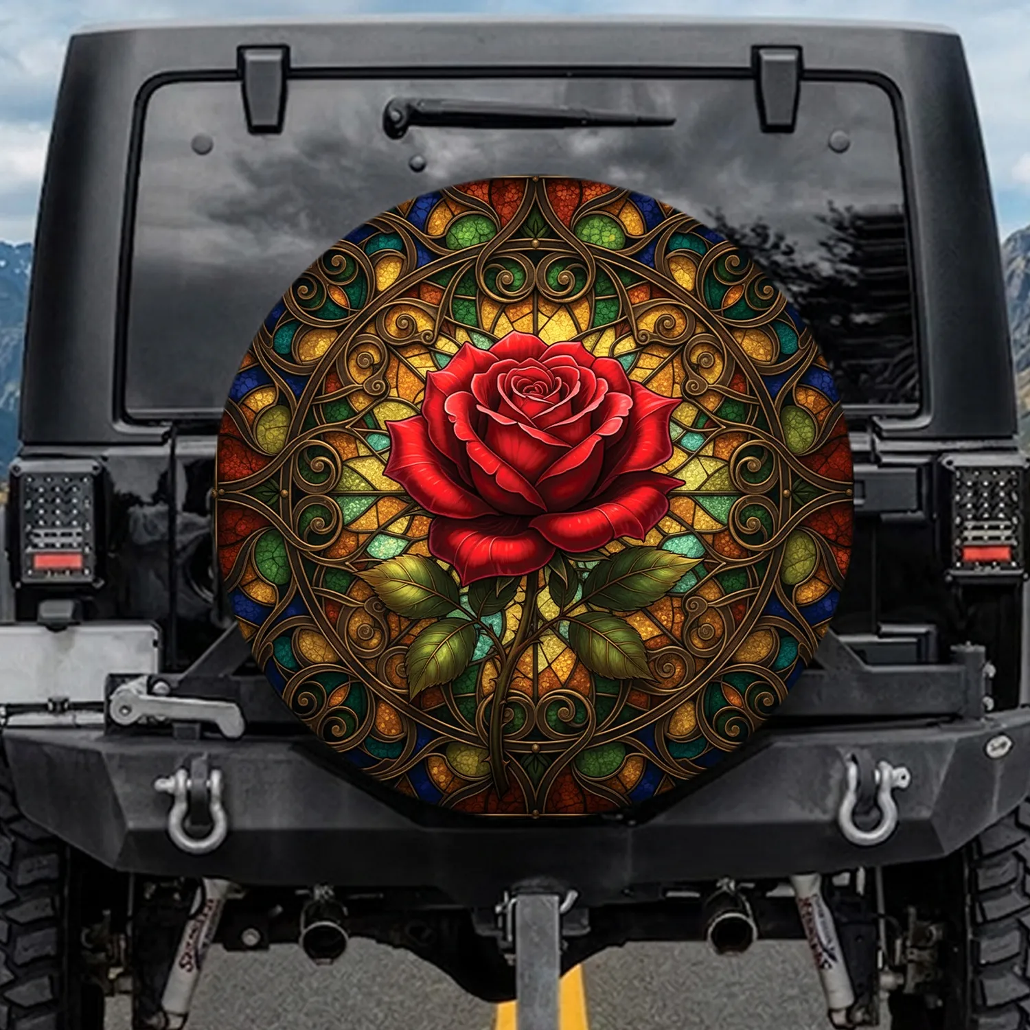 Crimson Rose Stained Glass Filigree Home Decor Gift Gothic Spare Tire Cover - 1