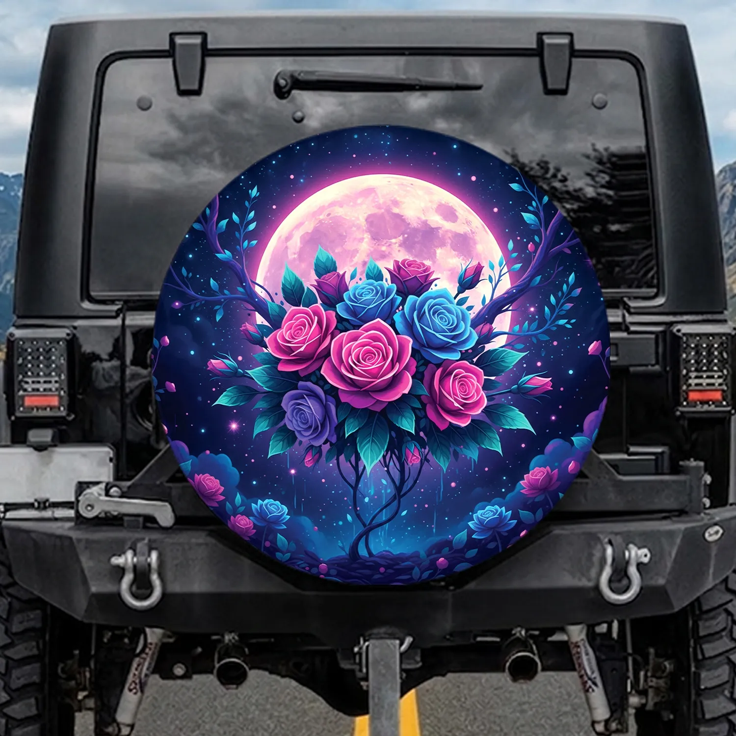 Lush Glowing Roses Full Moon Night Sky - Nature Lover Gift Spare Tire Cover - 1