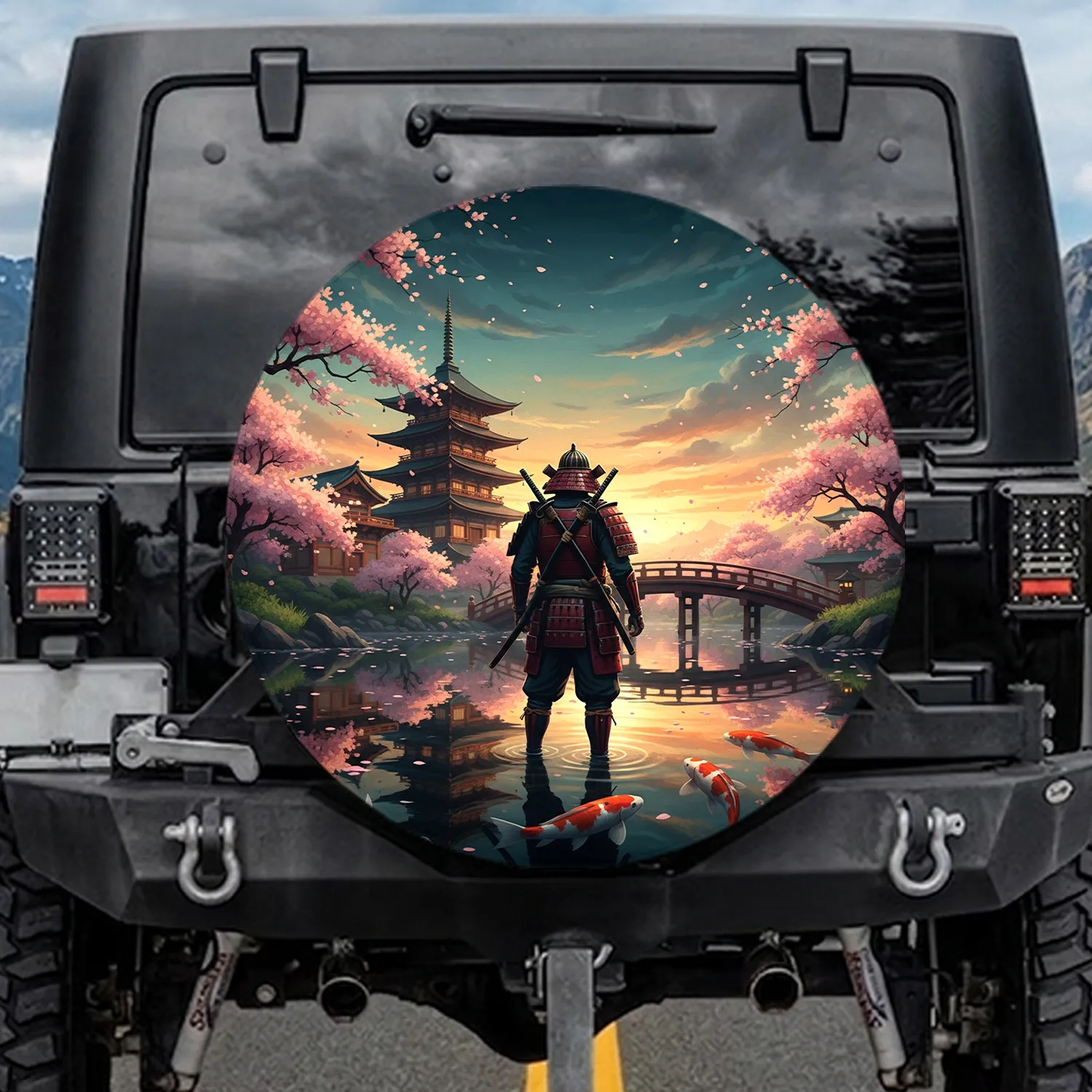 Samurai Pagoda Cherry Blossom Koi Fish - Adventure Lover Travel Gift Spare Tire Cover - 1