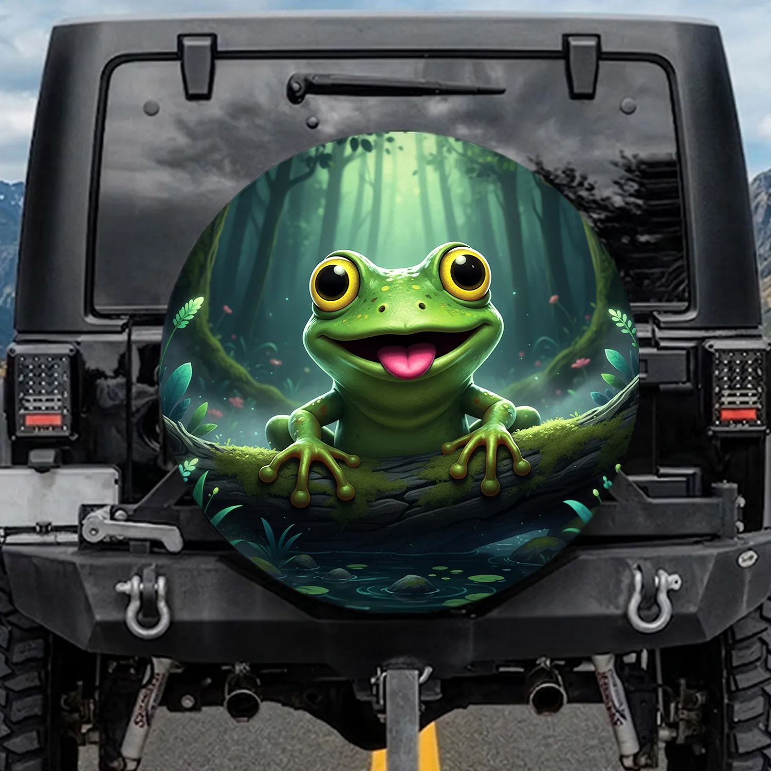 Green Frog Pink Tongue Lily Pad Forest Pond - Wildlife Lover Gift Spare Tire Cover - 1