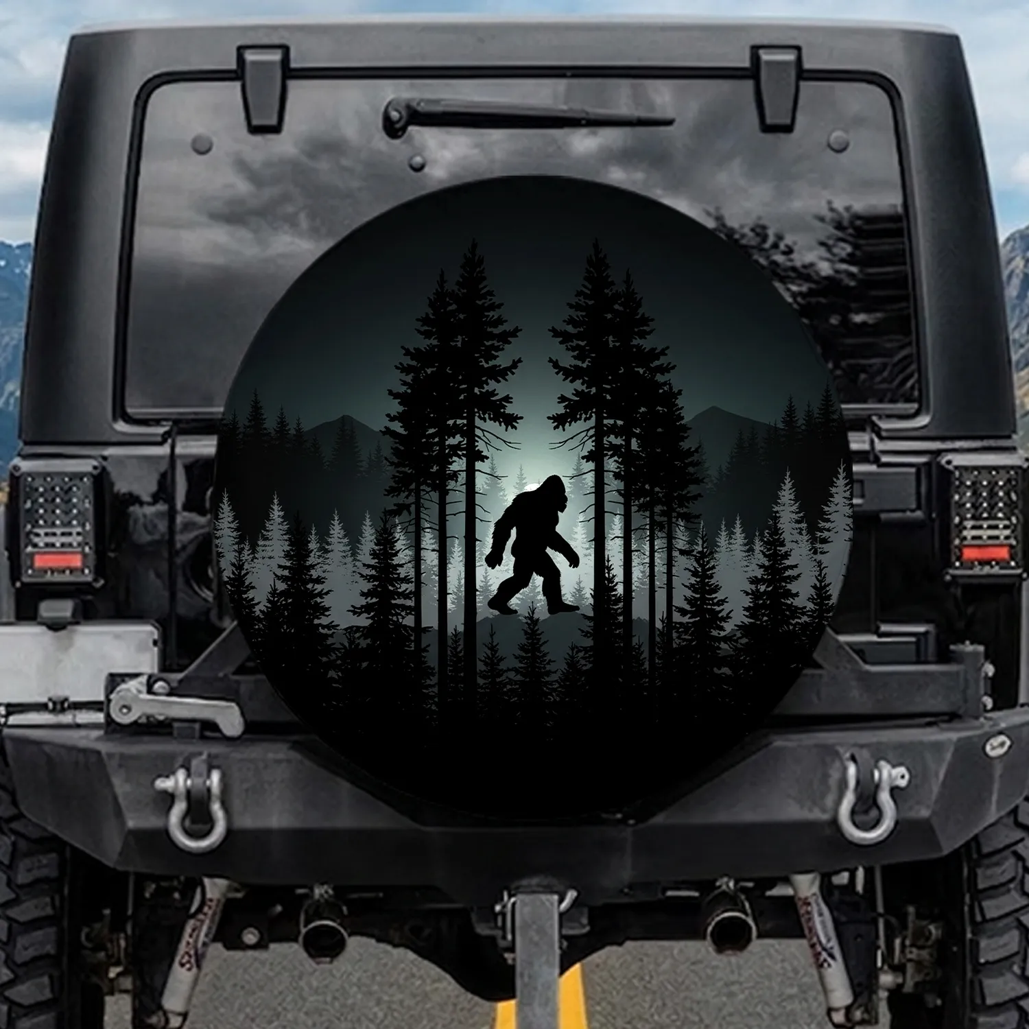 Bigfoot Forest Silhouette Wildlife Lover Gift for Outdoor Enthusiast Spare Tire Cover - 1
