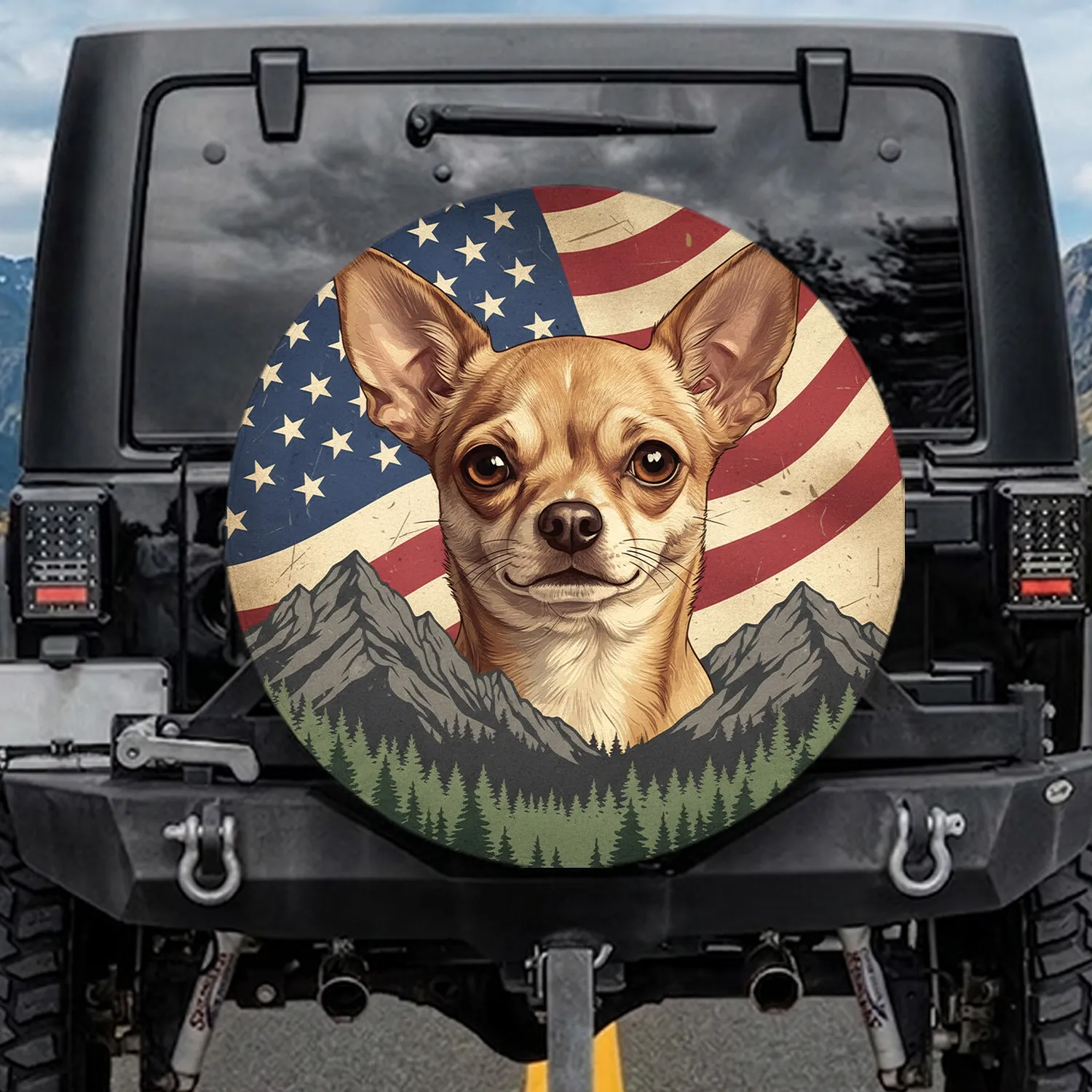 Chihuahua American Flag Mountains - Independence Day Gift for Dog Owners Spare Tire Cover - 1