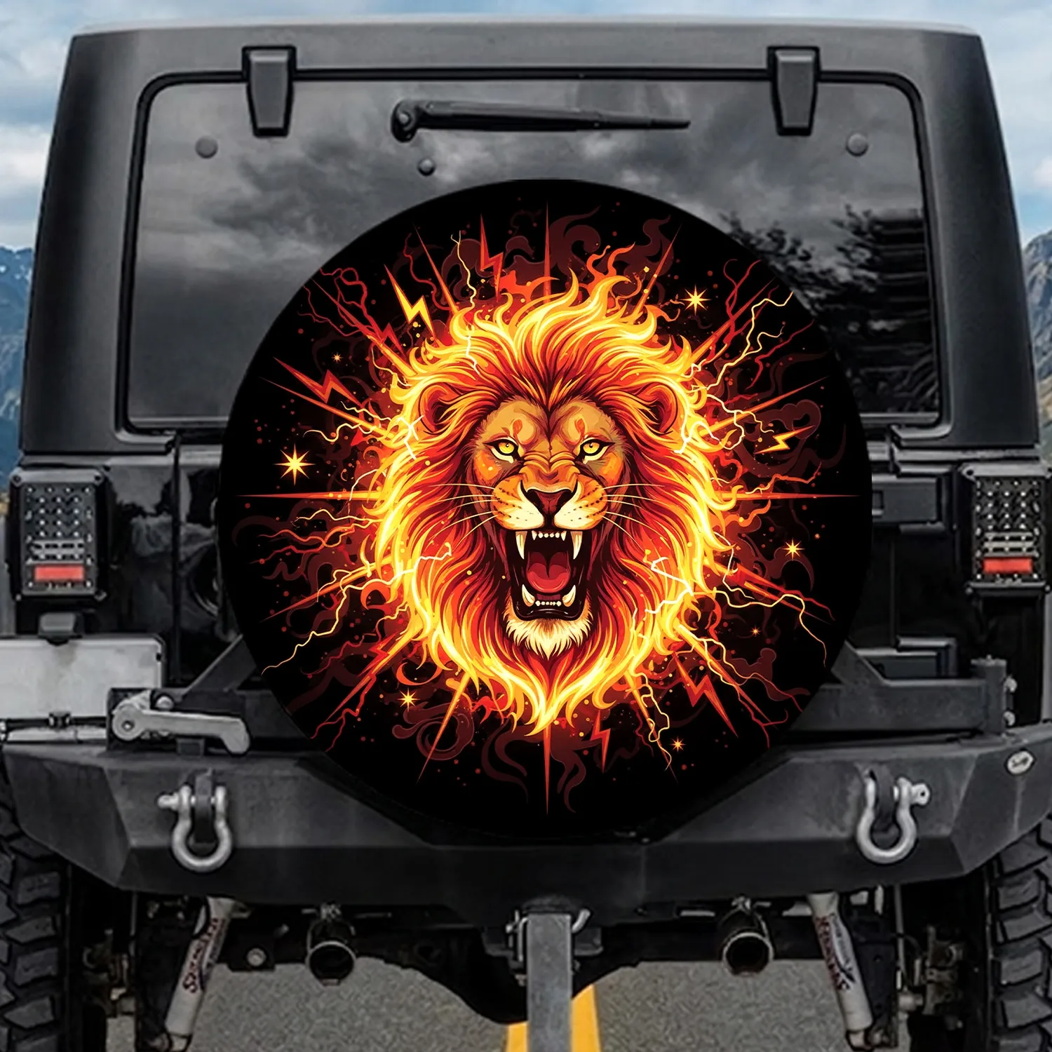 Roaring Lion Head Mane Starbursts Lightning Smoke Embers - Adventure Seeker Gift Spare Tire Cover - 1