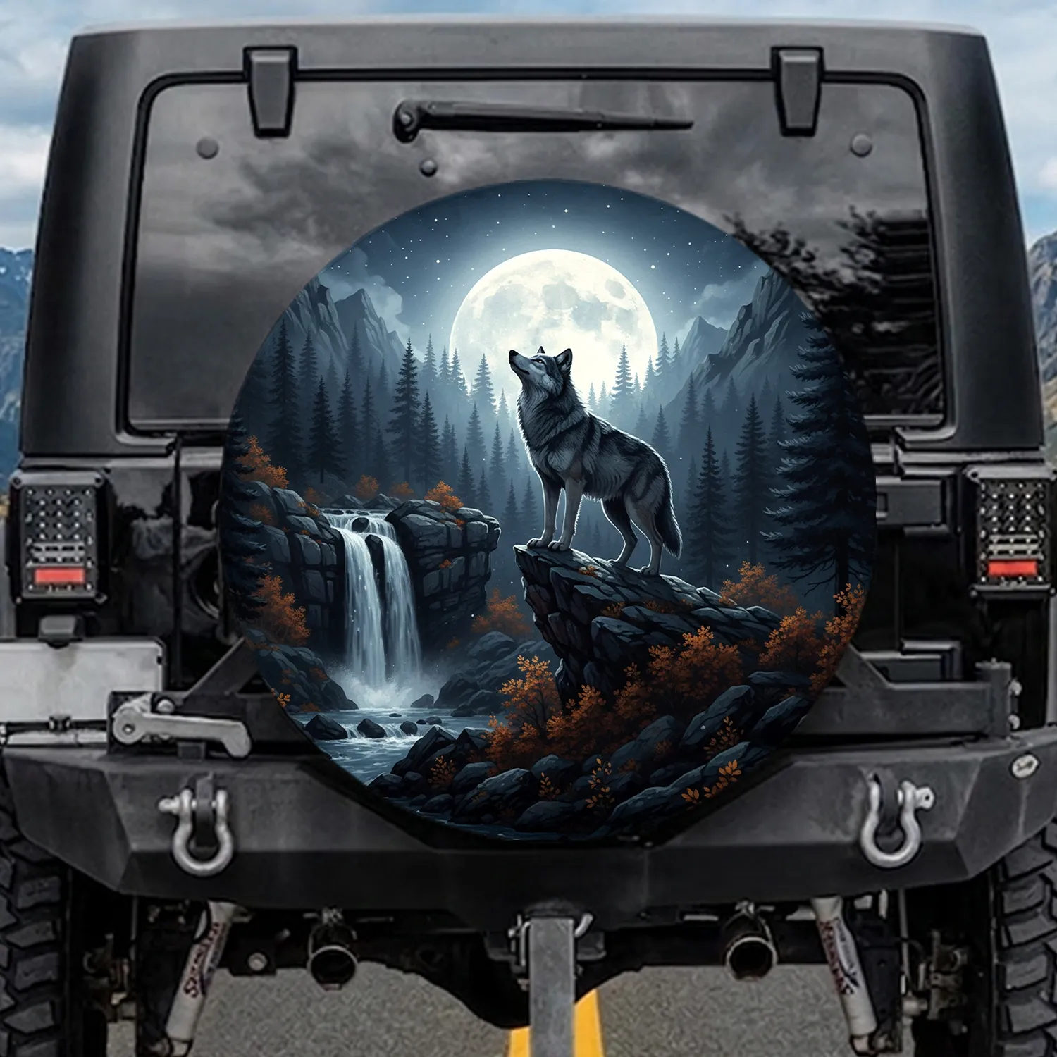 Majestic Grey Wolf Full Moon Rocky Cliff Forest - Wildlife Lover Gift Spare Tire Cover - 1