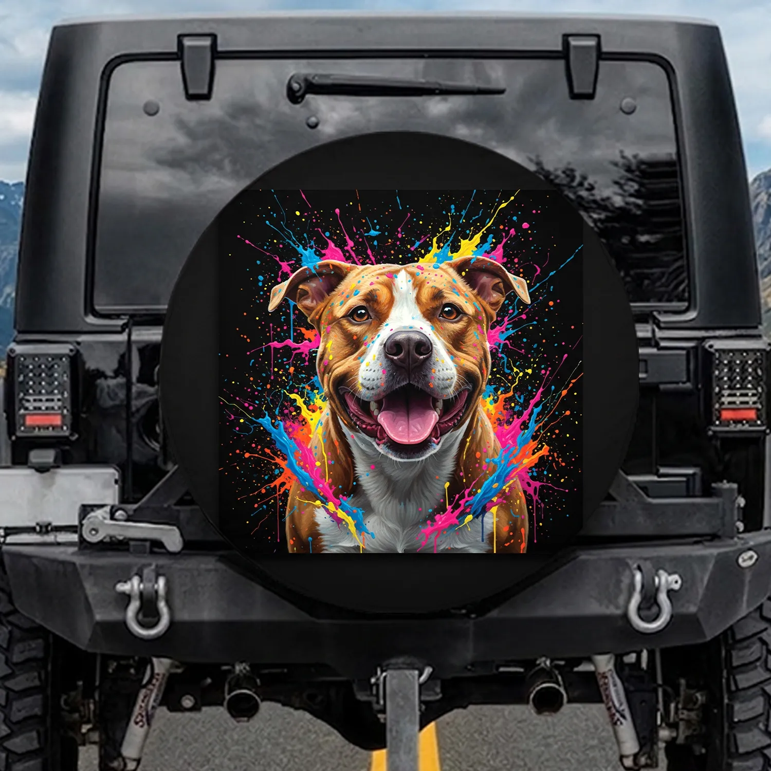 Black Background Pit Bull Splattered Paint - Dog Lover Car Accessory Gift Spare Tire Cover - 1