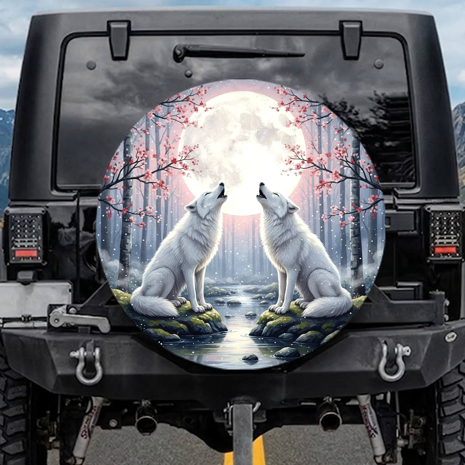 Howling White Wolves Full Moon Forest Stream - Nature Lover Lifestyle Gift Spare Tire Cover - 1