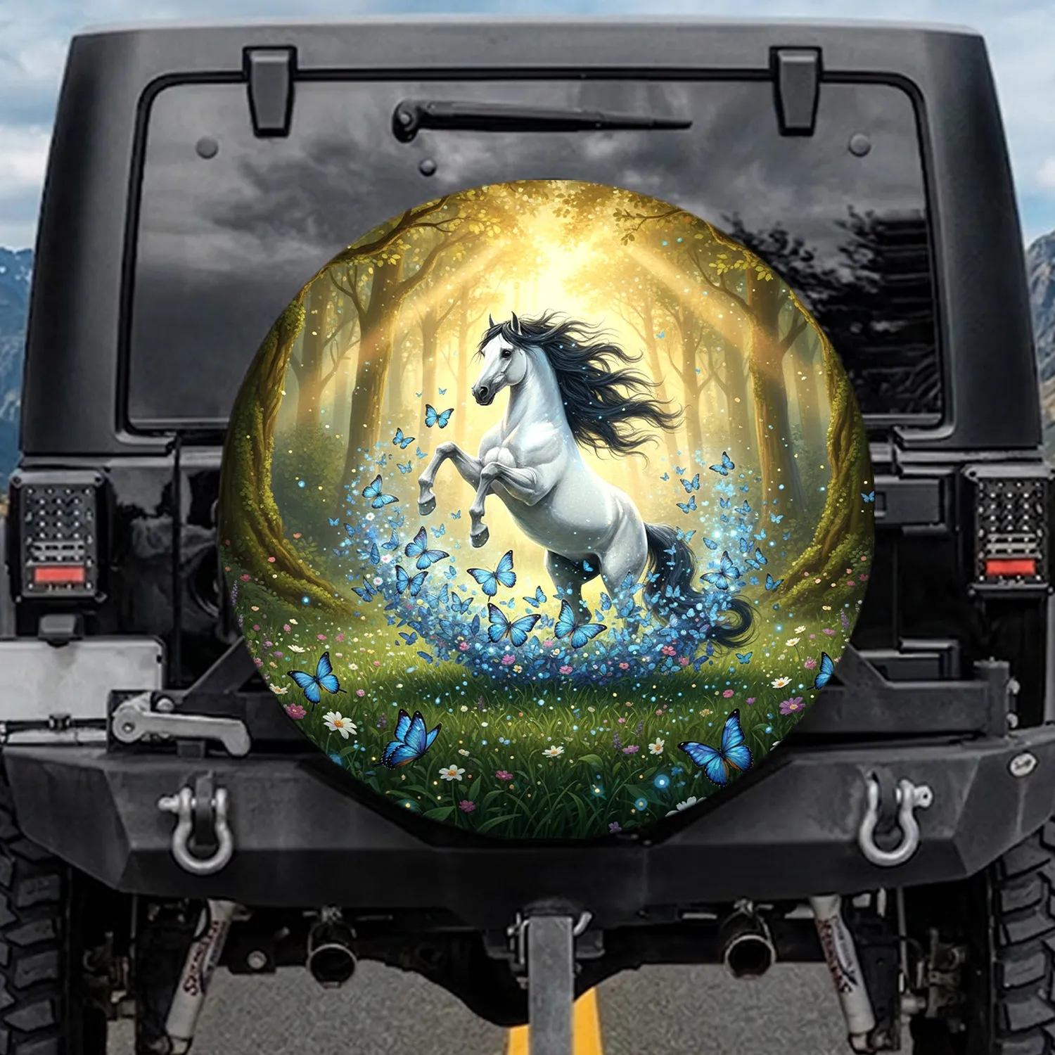 White Horse Enchanted Forest Butterflies - Fantasy Decor Gift for Horse Lover Spare Tire Cover - 1