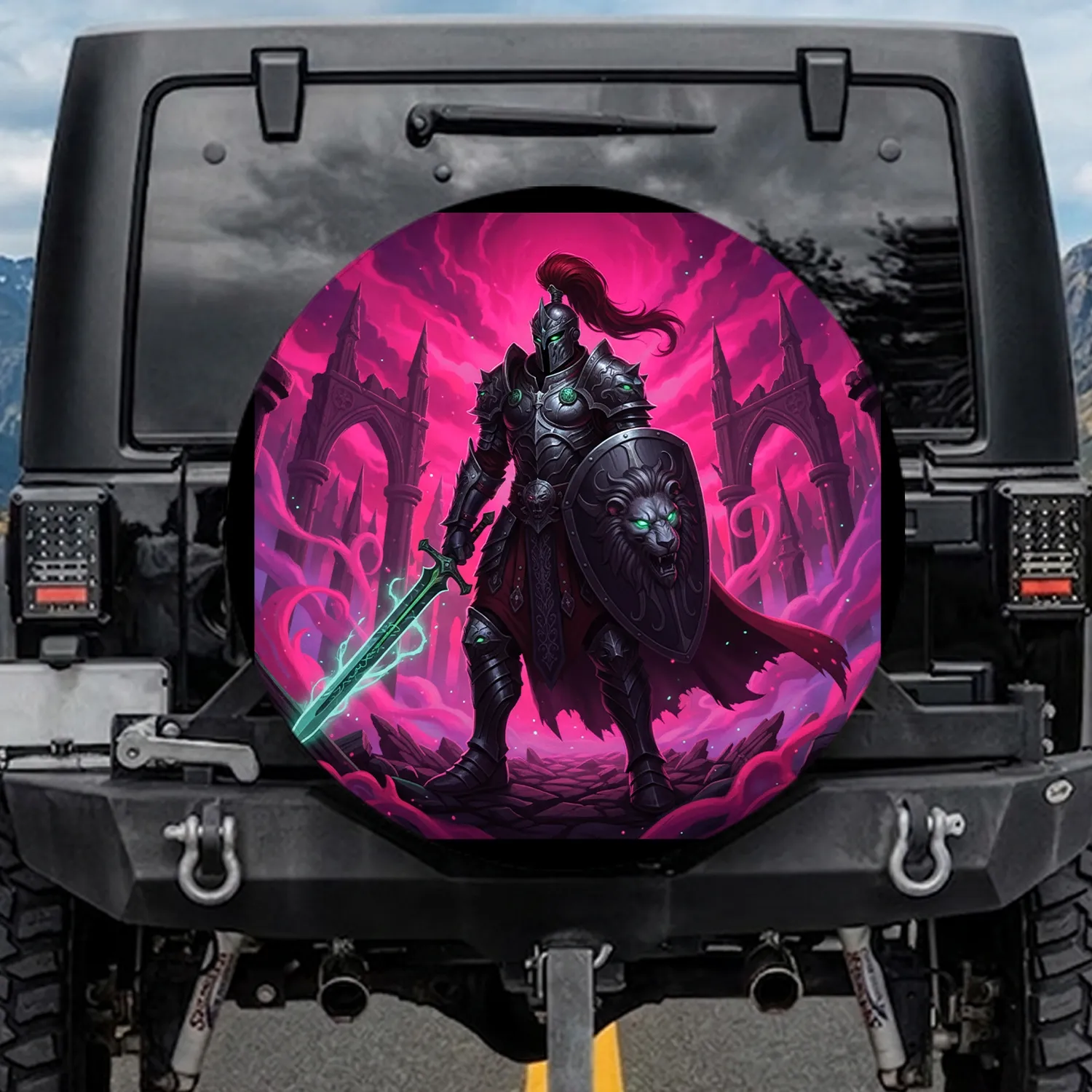 Ancient Warrior Glowing Eyes Broadsword Shield - Neon Gothic Ruins Fantasy Adventure Gift Spare Tire Cover - 1