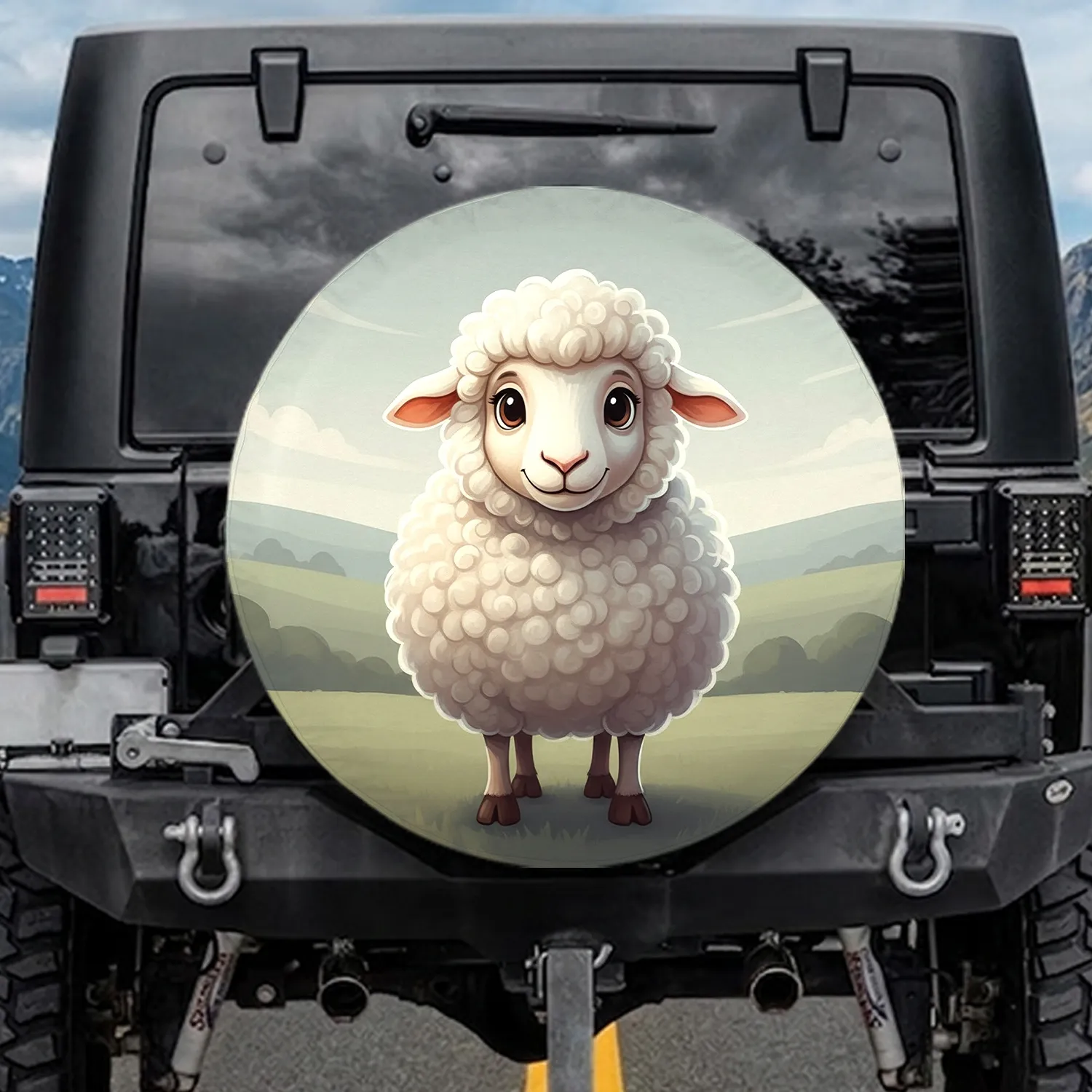 Fluffy Cartoon Sheep Pastoral Landscape - Farmhouse Home Decor Gift Spare Tire Cover - 1