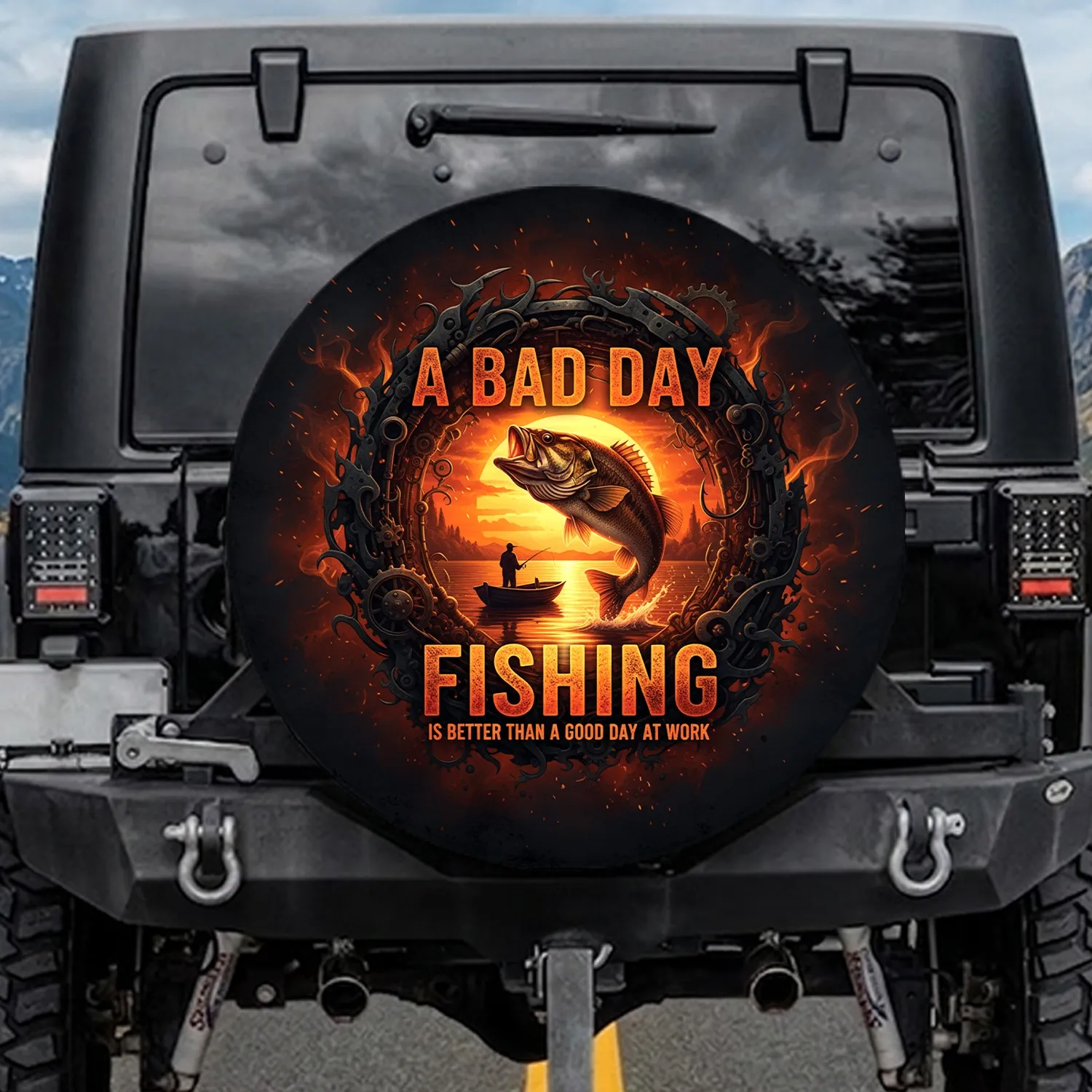 Lone Fisherman Leaping Bass Sunset - Fishing Enthusiast Gift for Dad Spare Tire Cover - 1