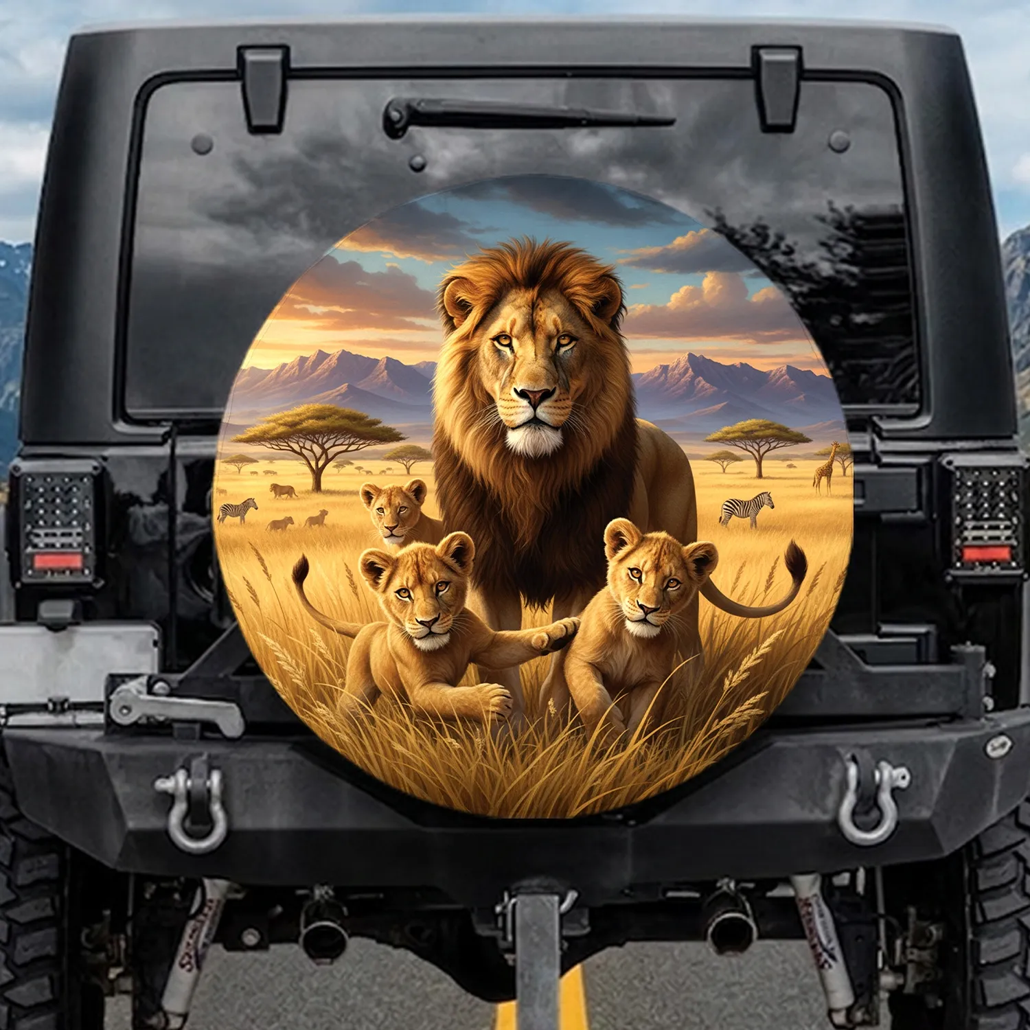 Proud Male Lion Lion Cubs Savanna Wildlife Lover Gift for Safari Enthusiasts Spare Tire Cover - 1