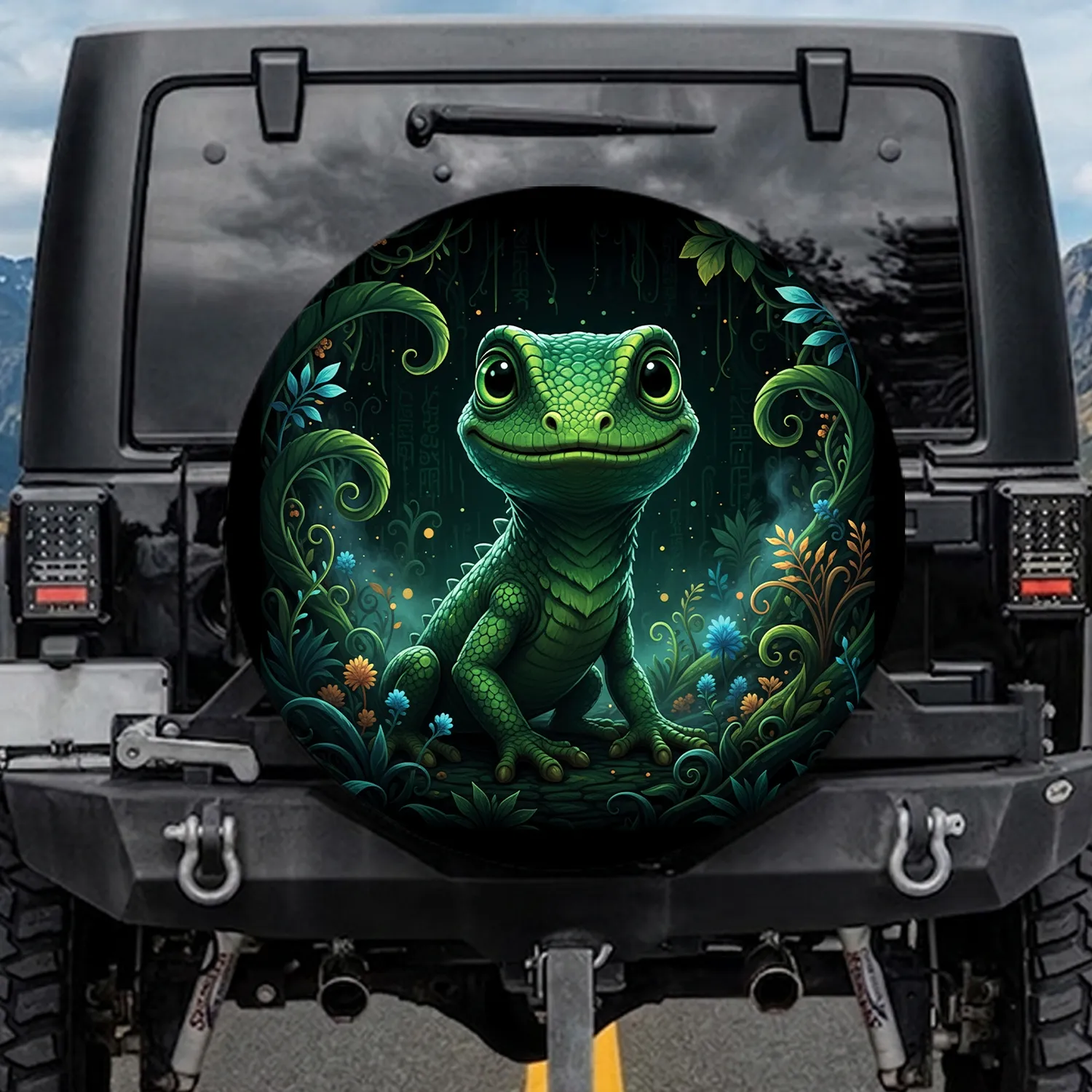 Green Lizard Jungle Foliage - Wildlife Lover Gift Spare Tire Cover - 1