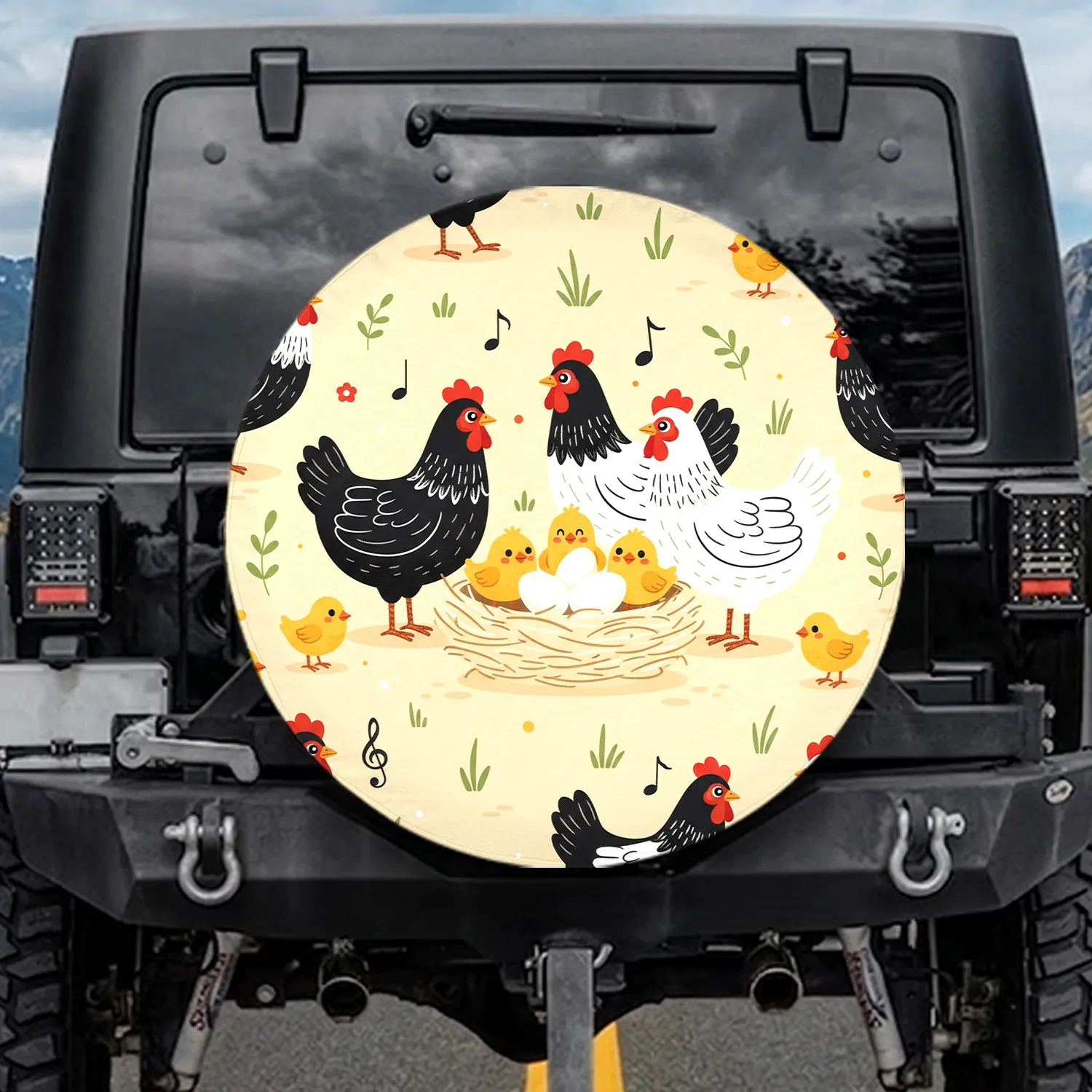 Adult Chickens Yellow Chicks Nest Eggs - Farmhouse Decor Gift for Poultry Lover Spare Tire Cover - 1