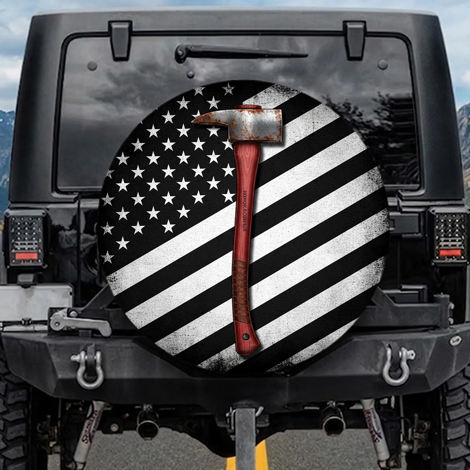 Firefighter Axe Distressed American Flag - Patriotic Gift for Firefighters Veterans Spare Tire Cover - 1