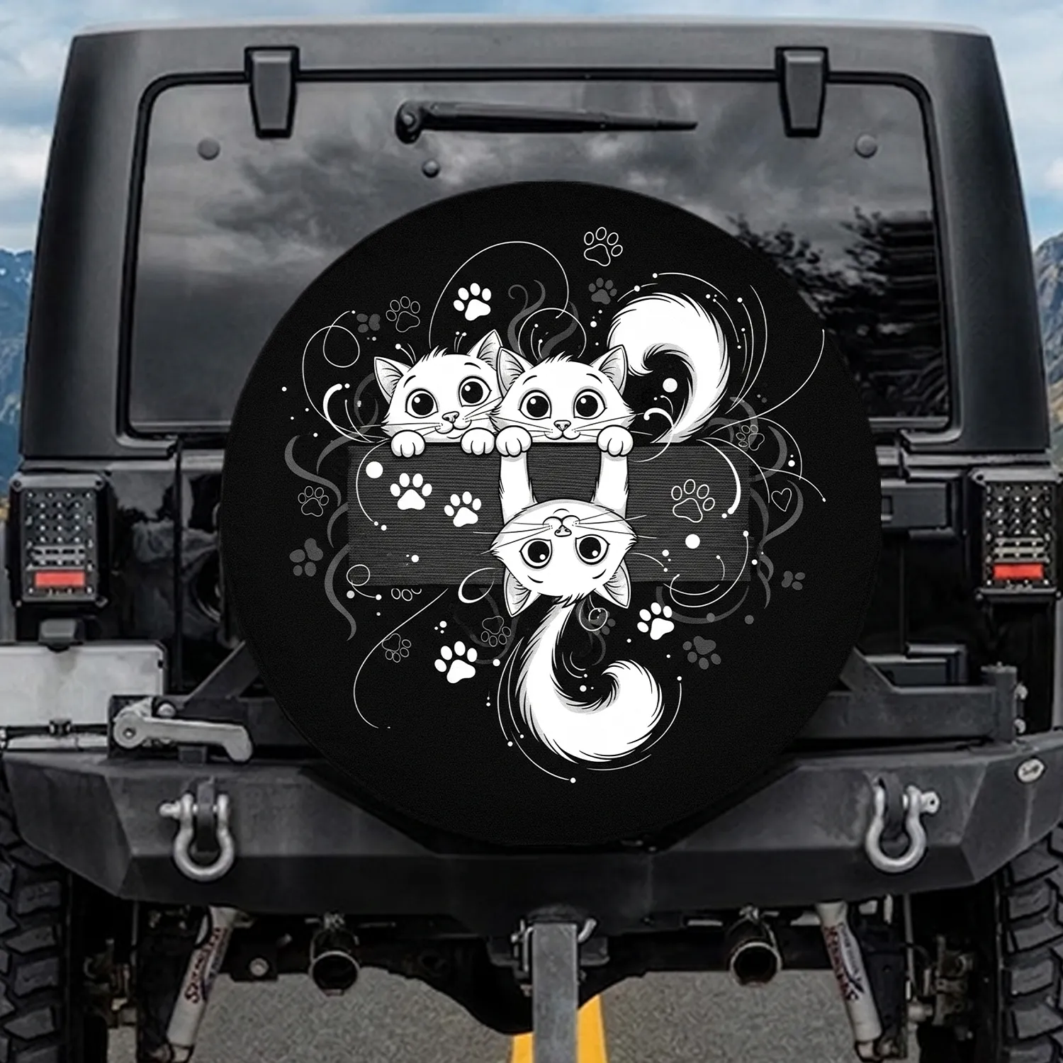 Three Cats Peeking Upside Down Kitty Paw Prints Everyday Vehicle Decor for Cat Lover Spare Tire Cover - 1