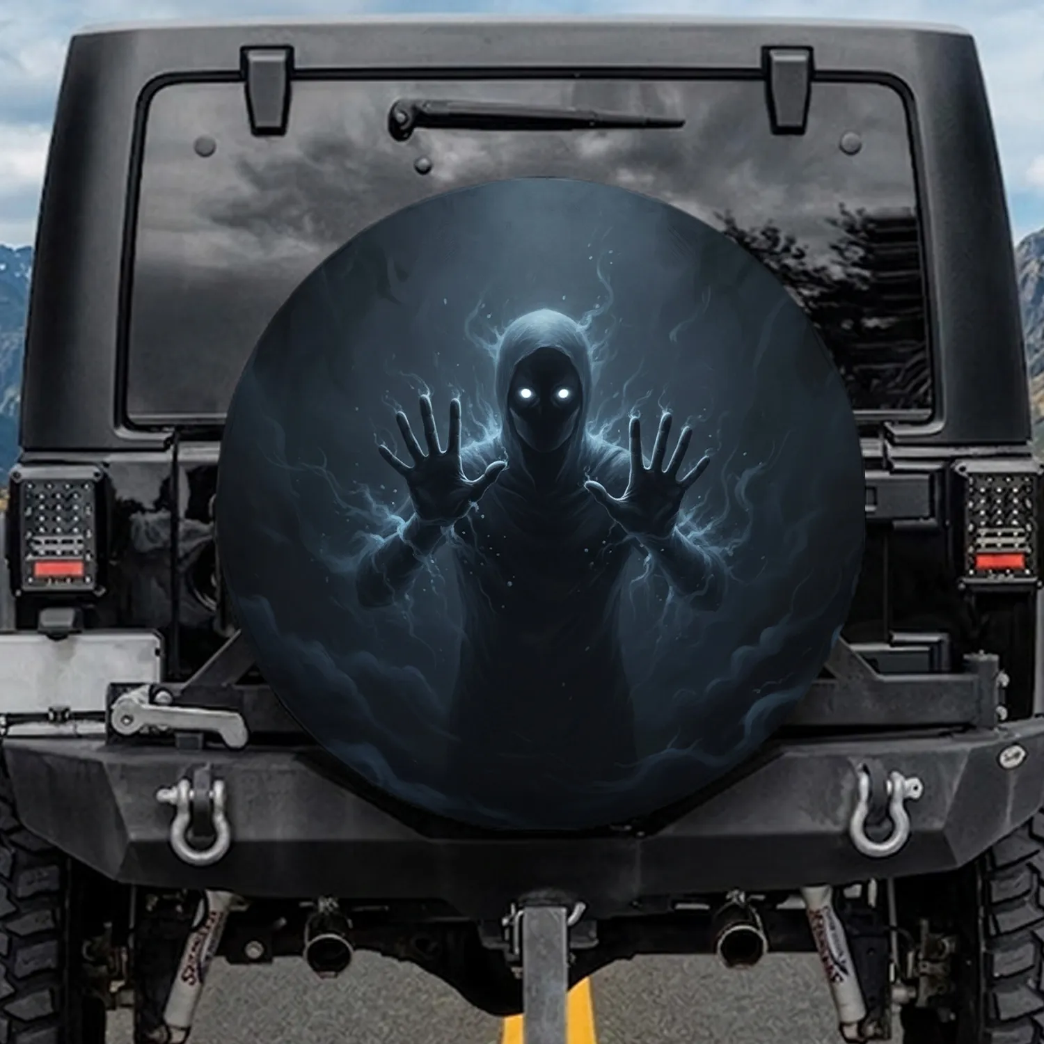 Shadowy Humanoid Figure Pressing Hands Glowing Eyes - Spooky Decor Gift for Horror Fans Spare Tire Cover - 1