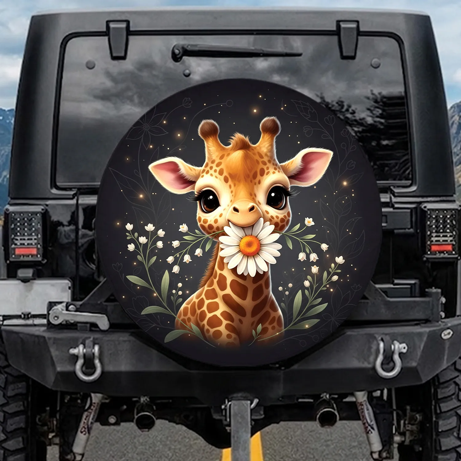 Plump Baby Giraffe Golden Brown Spots Daisy Bell Flowers - Nature Lover Gift for Kids Spare Tire Cover - 1