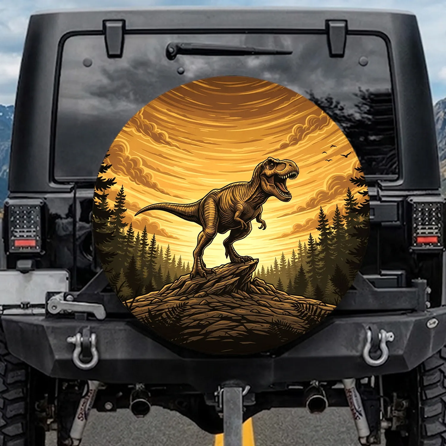 Roaring Tyrannosaurus Rex Rocky Prehistoric Landscape - Dinosaur Lover Gift Spare Tire Cover - 1