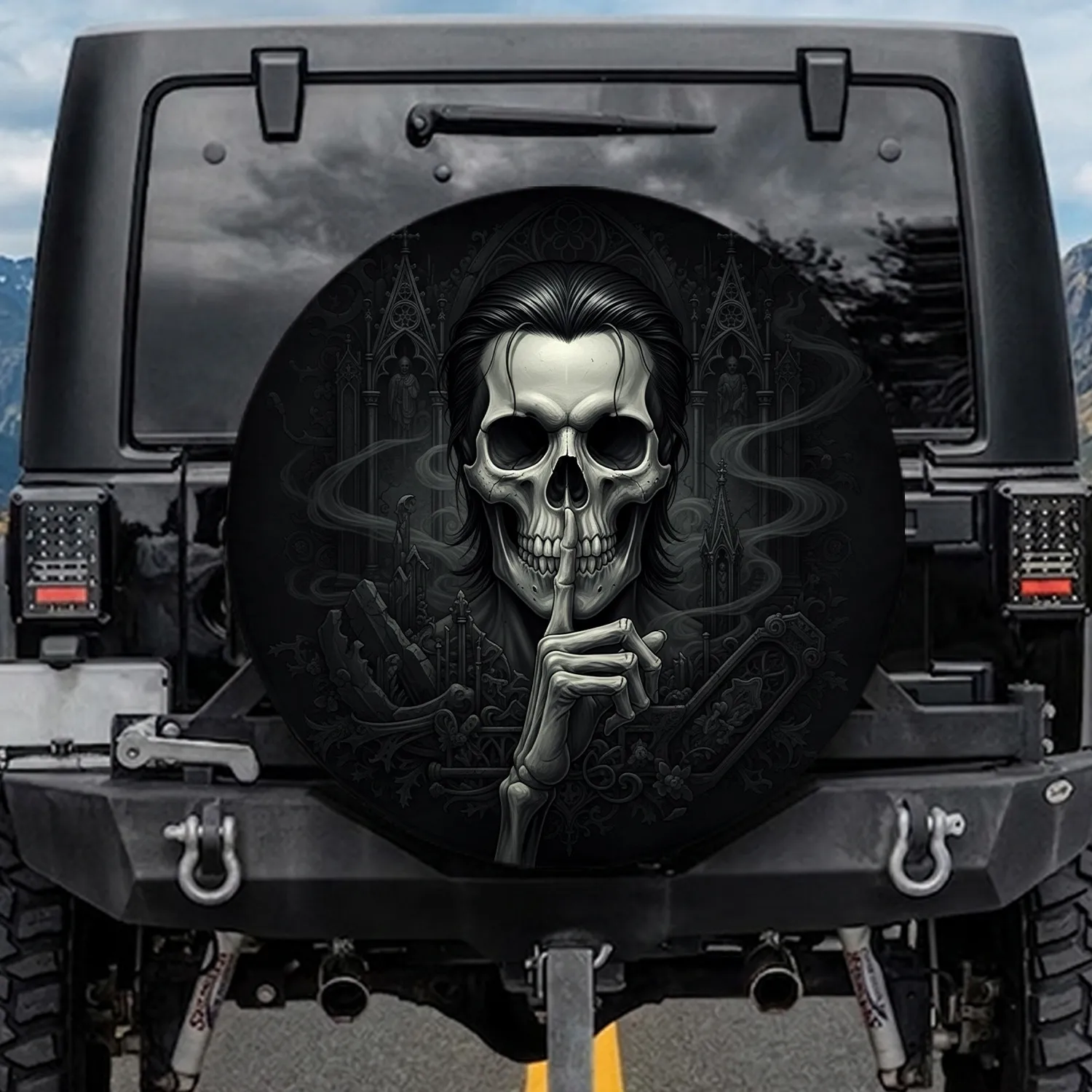 Gothic Skull Shhh Gesture Decaying Architecture - Gothic Lifestyle Gift Spare Tire Cover - 1