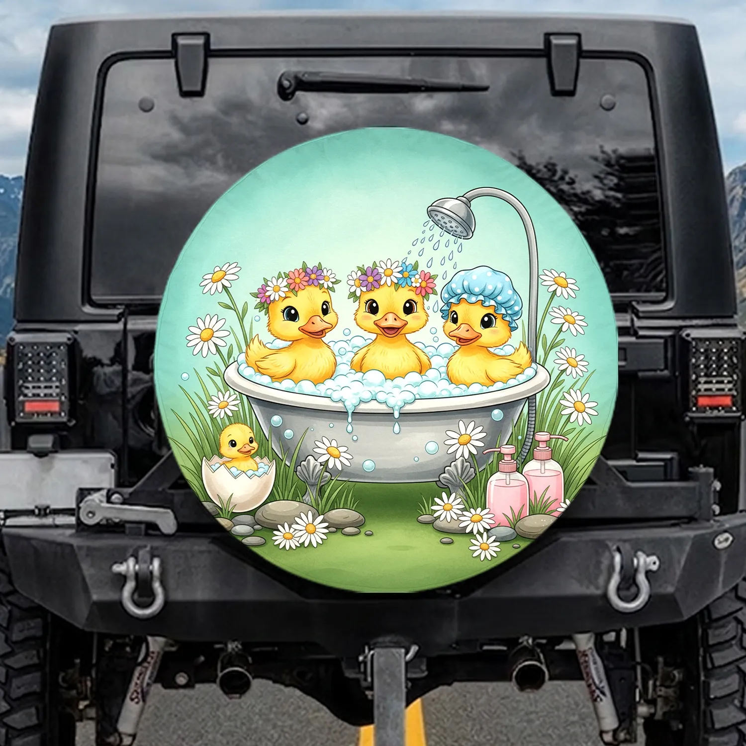 Cute Ducklings Clawfoot Bathtub Bubble Bath Daisy Flowers - Travel Essentials Spare Tire Cover - 1