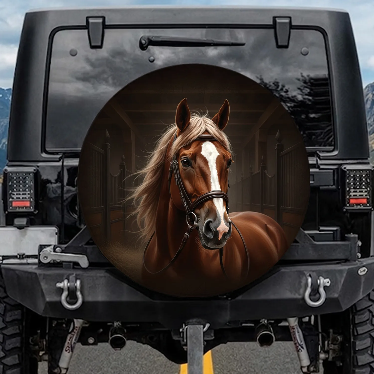 Brown Horse White Blaze Bridle - Equestrian Home Decor Gift for Horse Lover Spare Tire Cover - 1