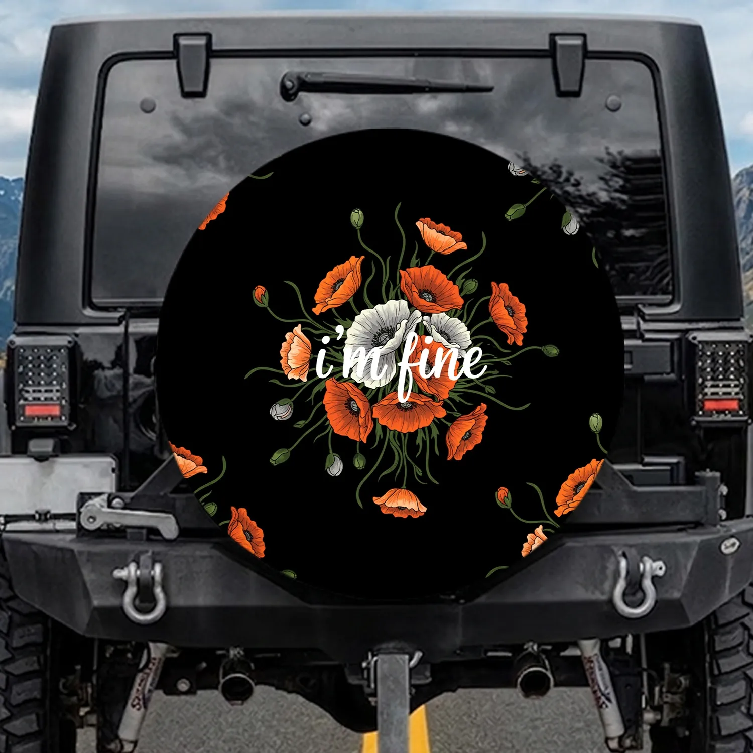 i'm fine Text Poppies Bloom Black Field - Everyday Use Accessory Spare Tire Cover - 1