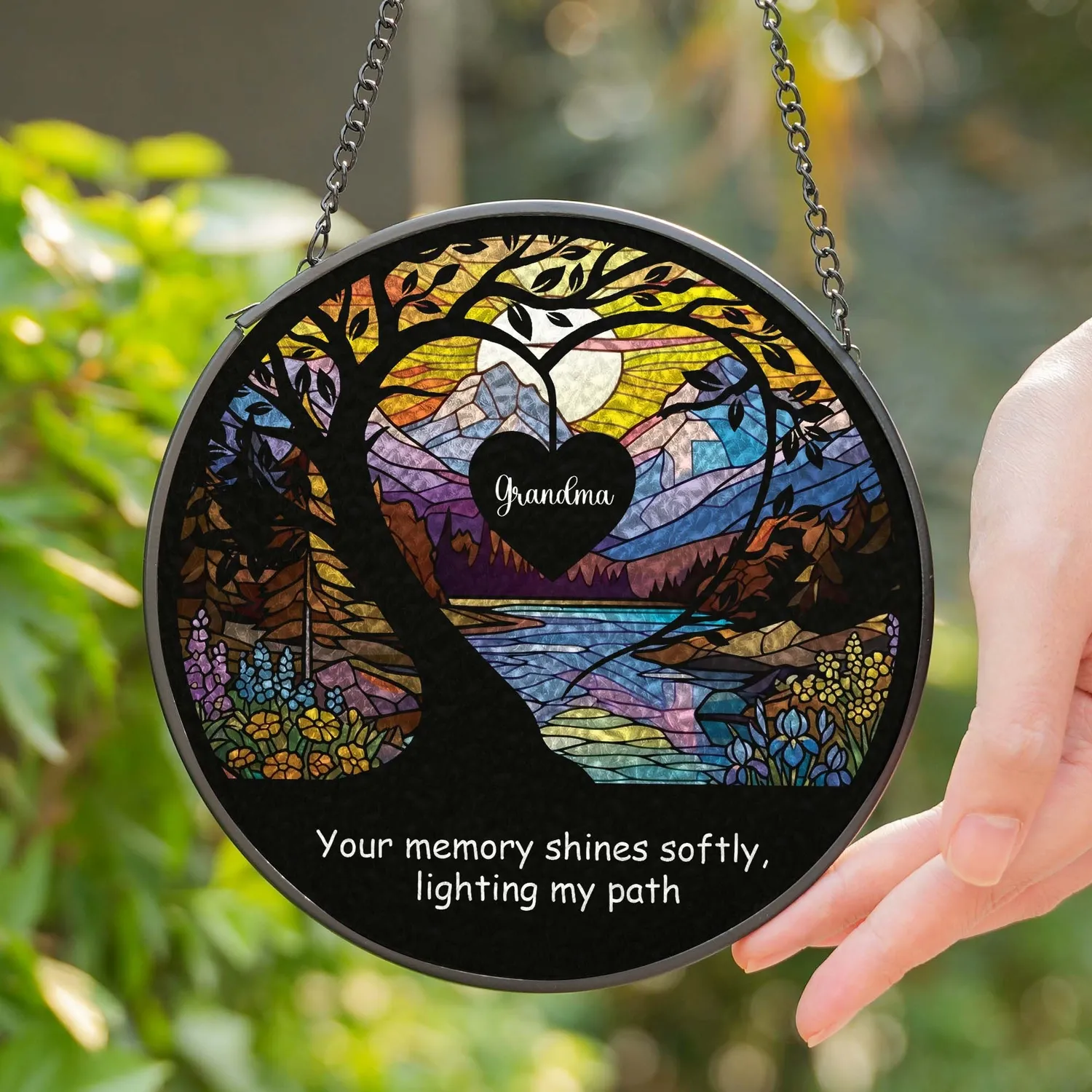 Personalized Heart Tree Memorial Suncatcher, Stained Glass Landscape Sympathy Gift, Loss of Grandma, Mom,  Remembrance - 1