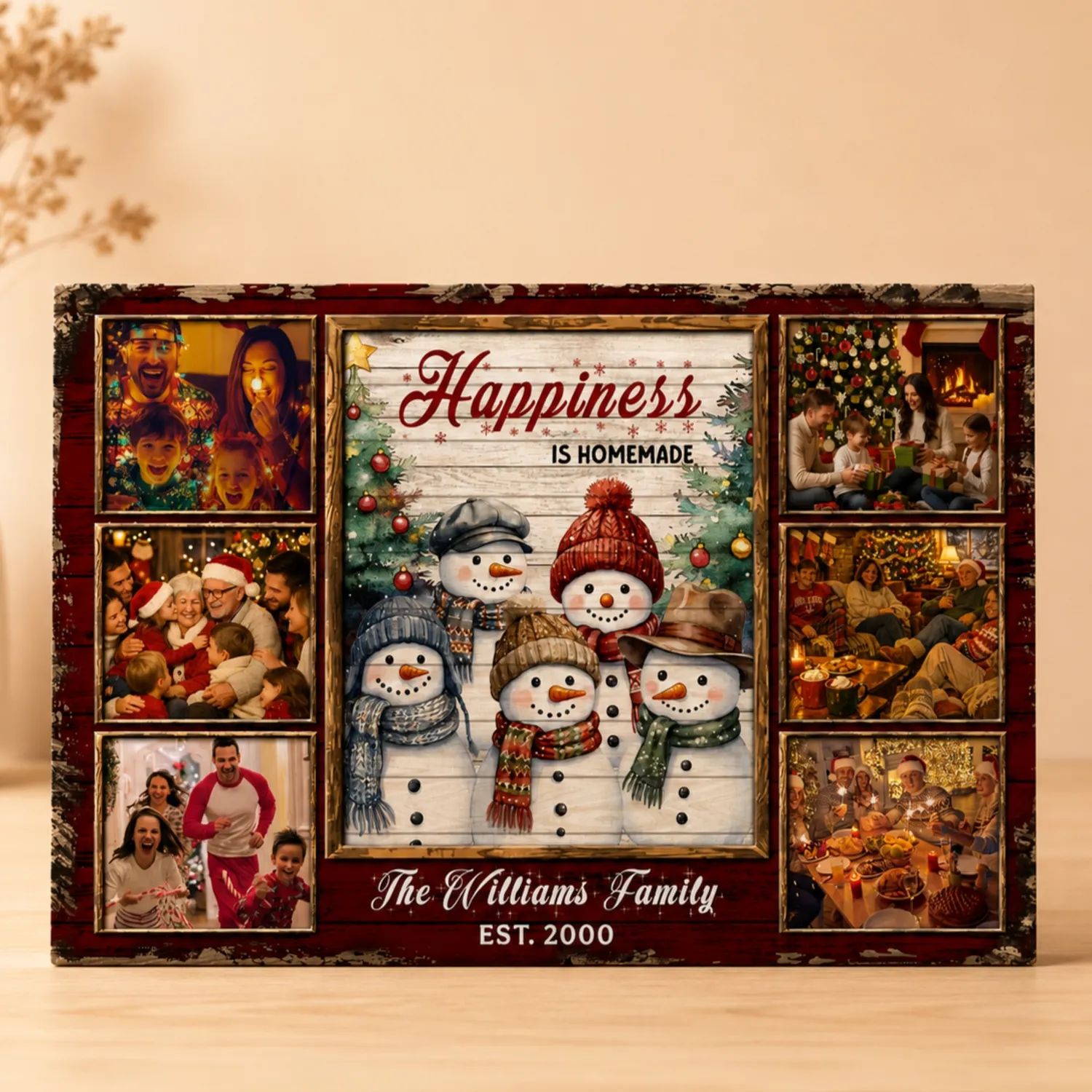 Personalized Family Photo Canvas, Happiness Is Homemade Wall Art, Cute Snowmen Christmas Decorations, Custom Xmas Gift for Family - 1
