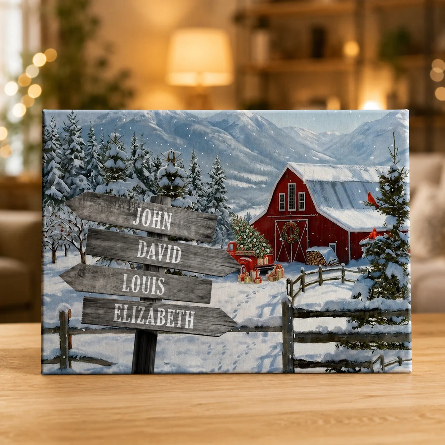 Personalized Family Name Signpost Canvas, Custom Multi Name Street Sign Wall Art, Rustic Red Barn Winter Christmas Decor, Gift for Family - 1