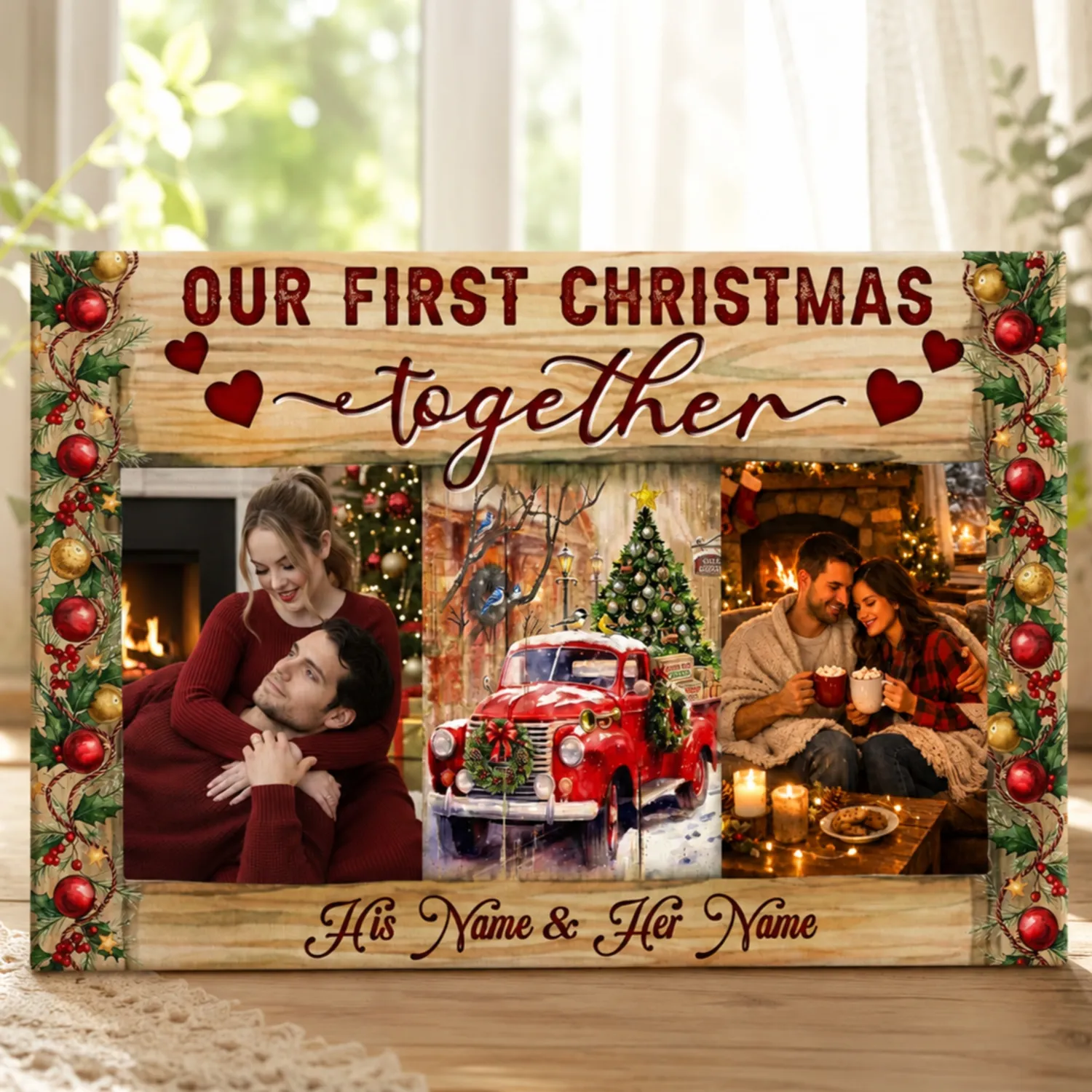 Personalized Christmas Couple Canvas Print Custom Photo and Names First Christmas Together Wall Decor - 1