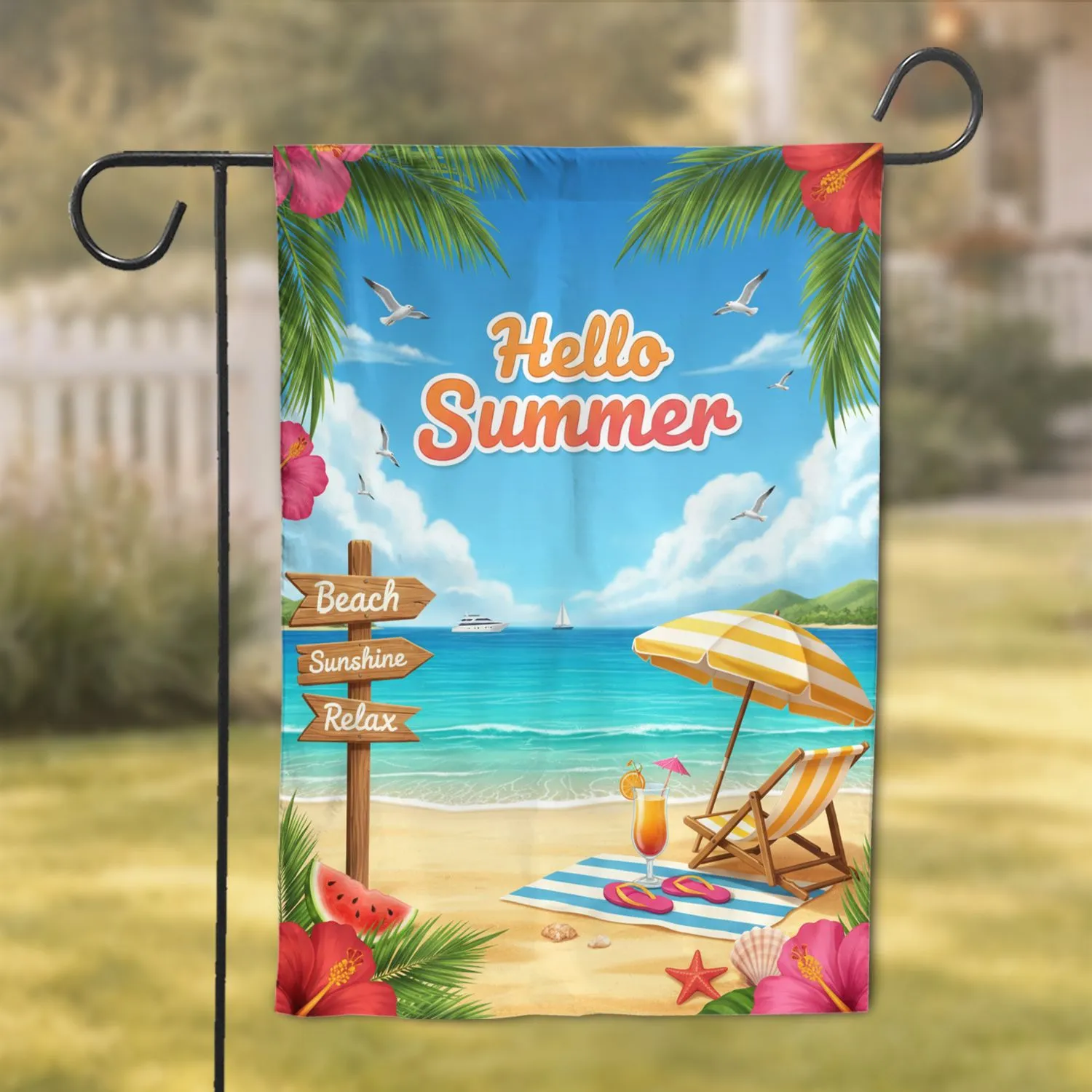 Tropical Beach Hello Summer Scene - Summer Home Decor Gift for Beach Lovers Garden Flag - 1