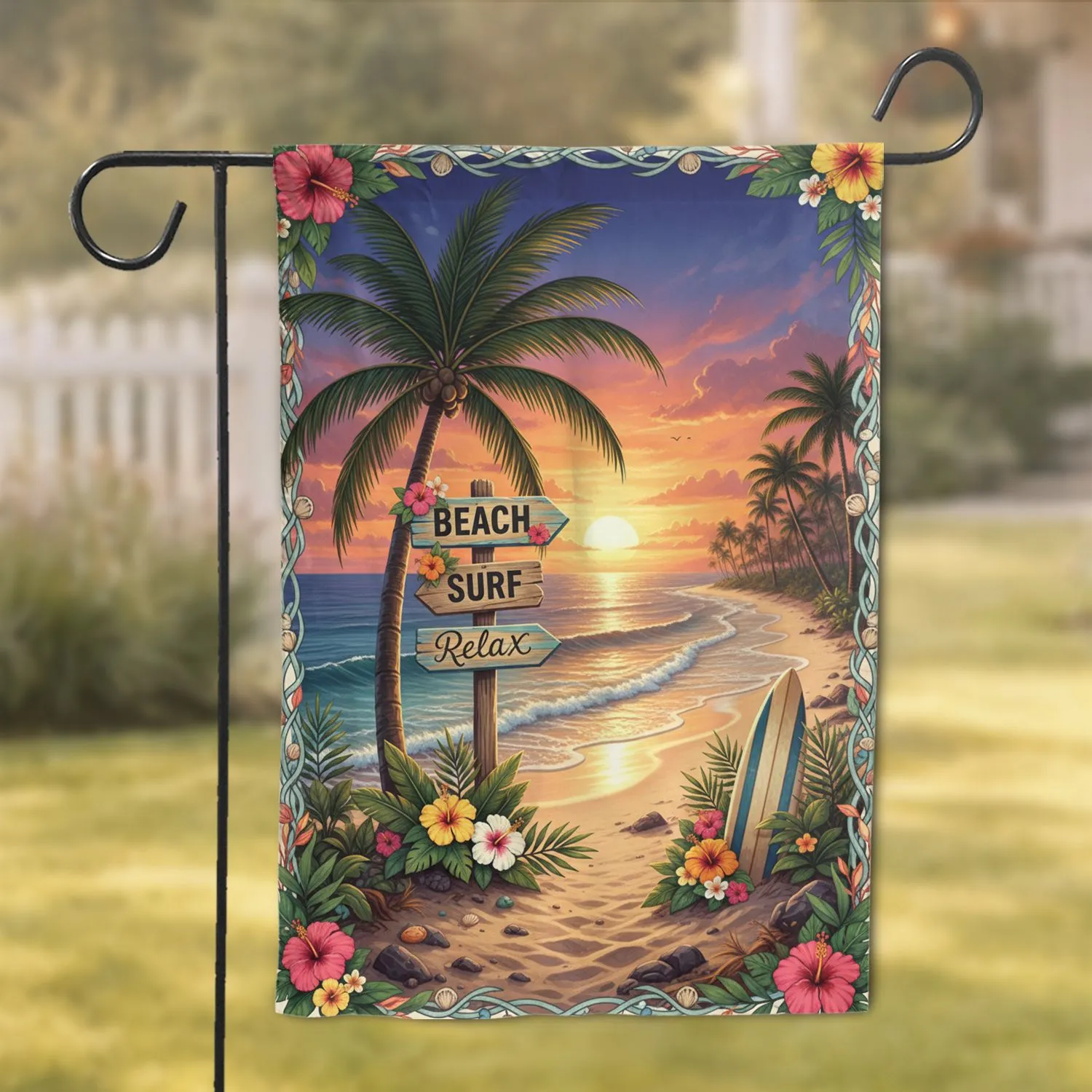 Palm Tree Surfboard Beach Sunset - Beach House Decor Gift for Surf Lover Garden Flag - 1