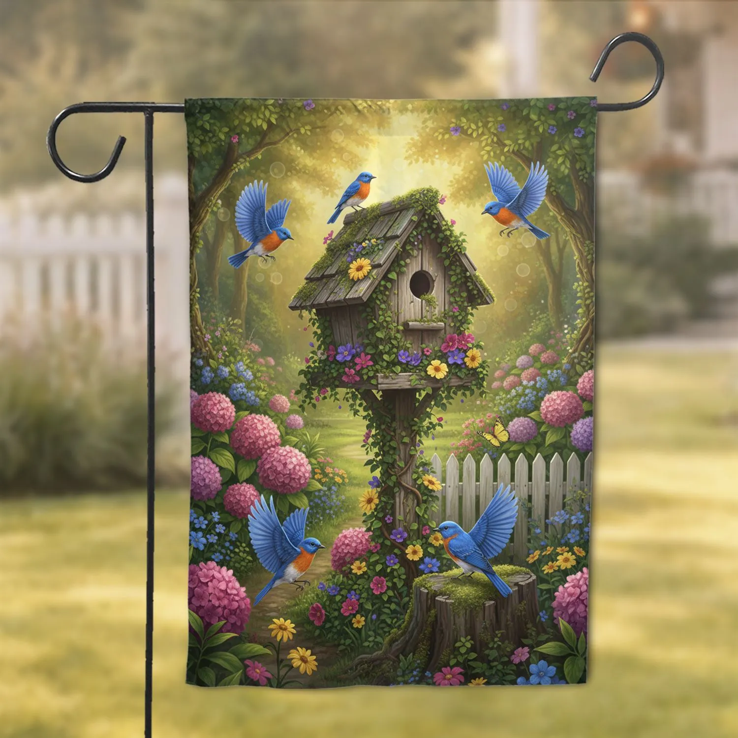 Rustic Birdhouse Bluebirds Enchanted Garden Wildflowers - Home Decor Gift for Bird Lovers Garden Flag - 1