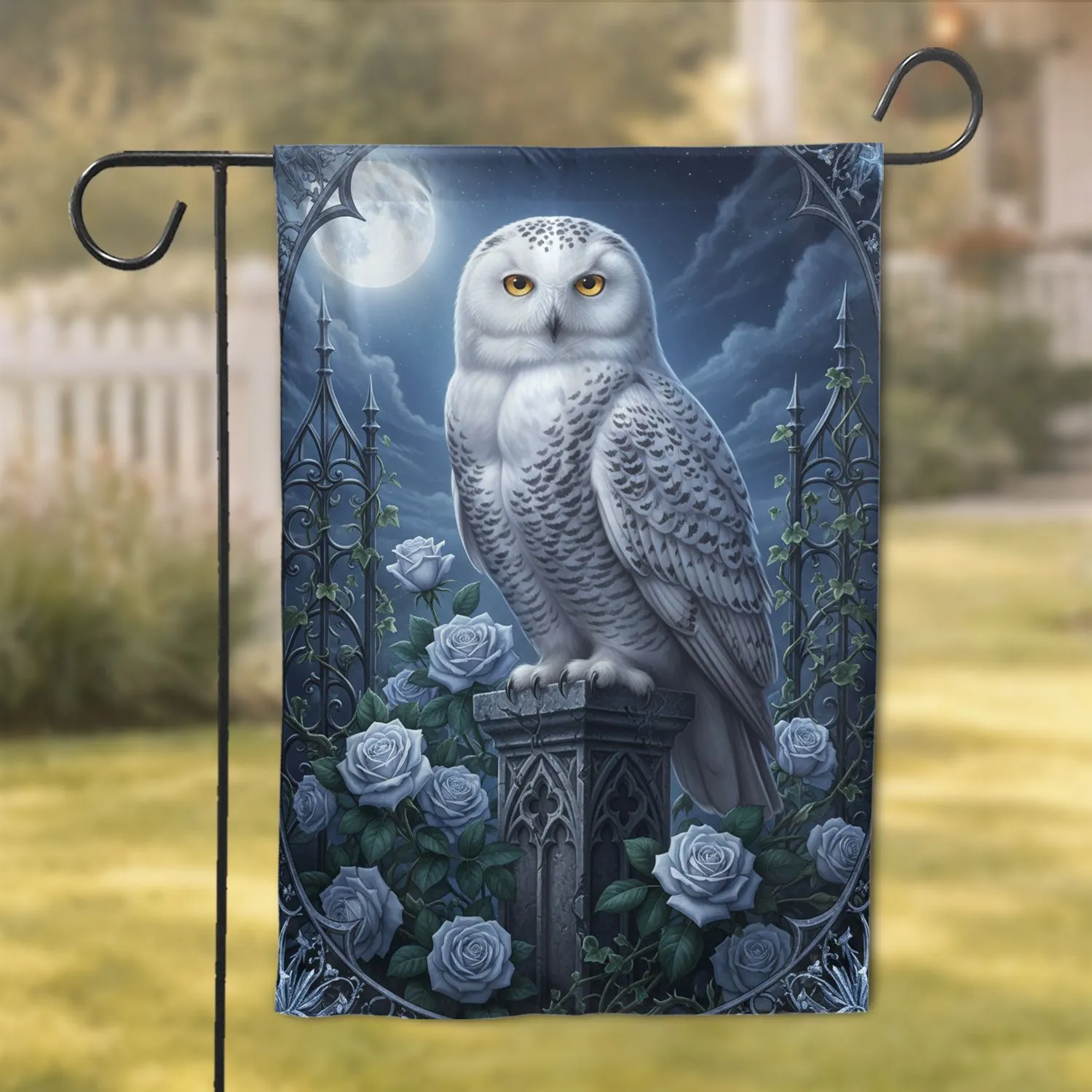 Majestic Snowy Owl Golden Eyes Gothic Roses Full Moon Night Sky - Home Decor Gift Garden Flag - 1