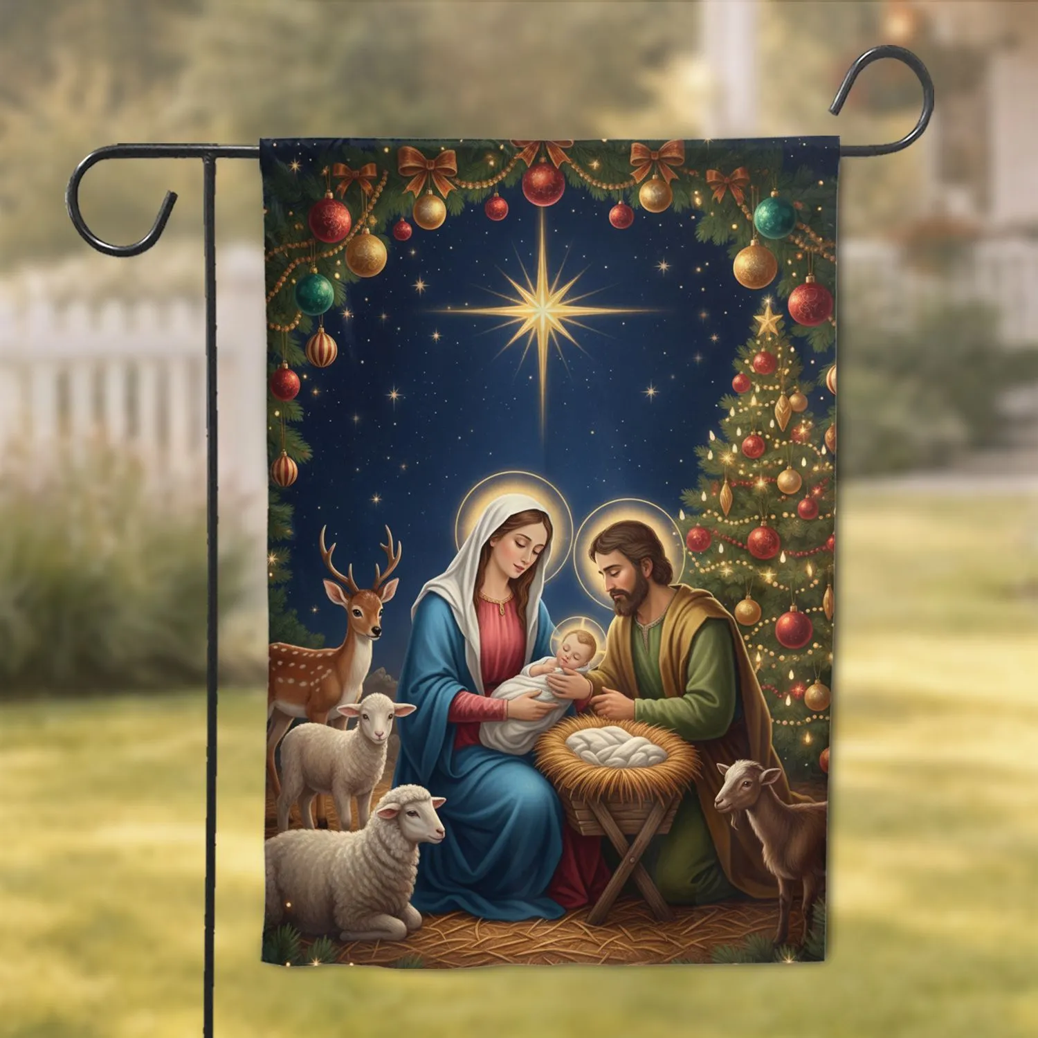 Holy Family Nativity Scene Star Bethlehem Christmas Tree - Christmas Holiday Decor Garden Flag - 1