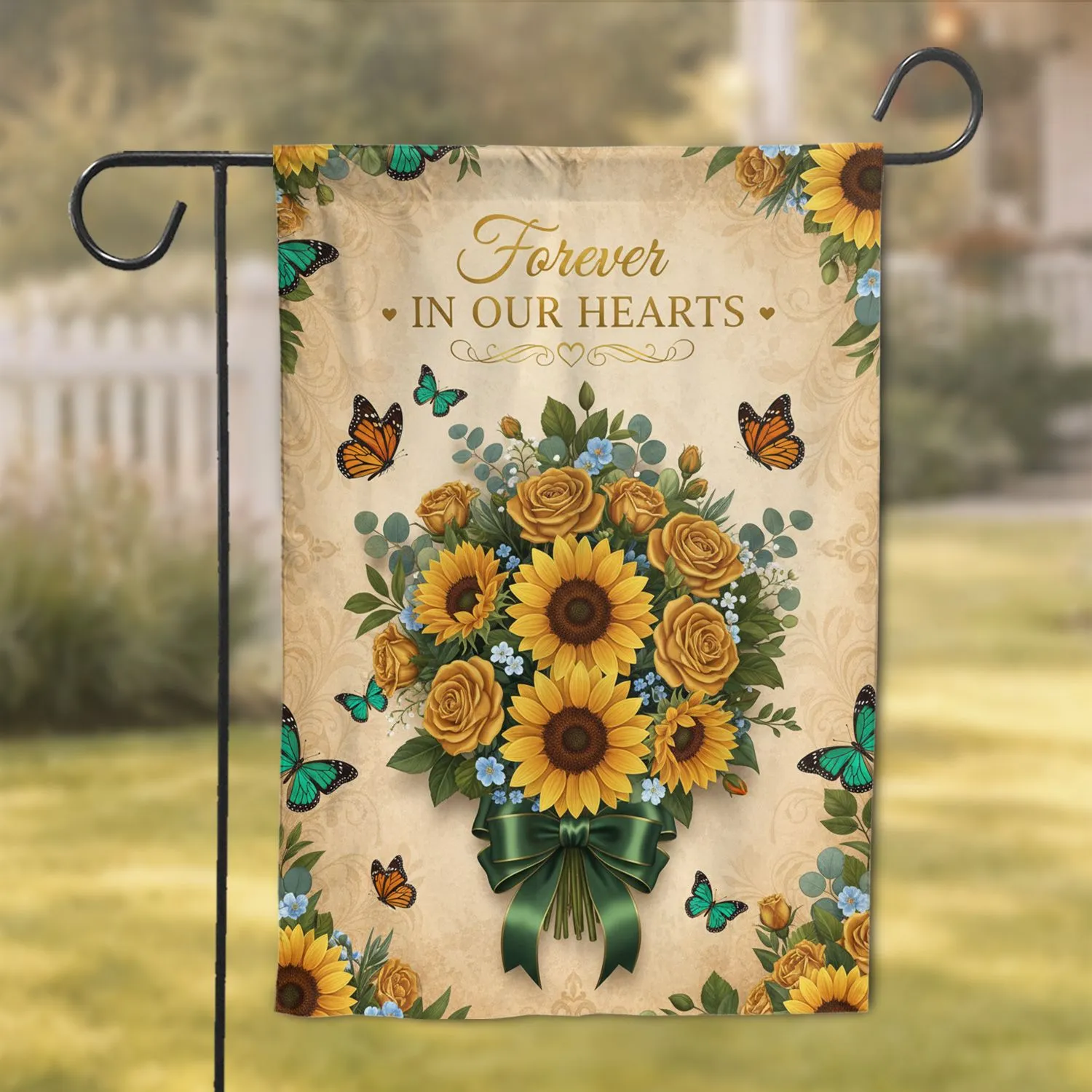 Yellow Sunflower Rose Butterfly Antique Parchment 'Forever In Our Hearts' - Home Decor Gift Garden Flag - 1