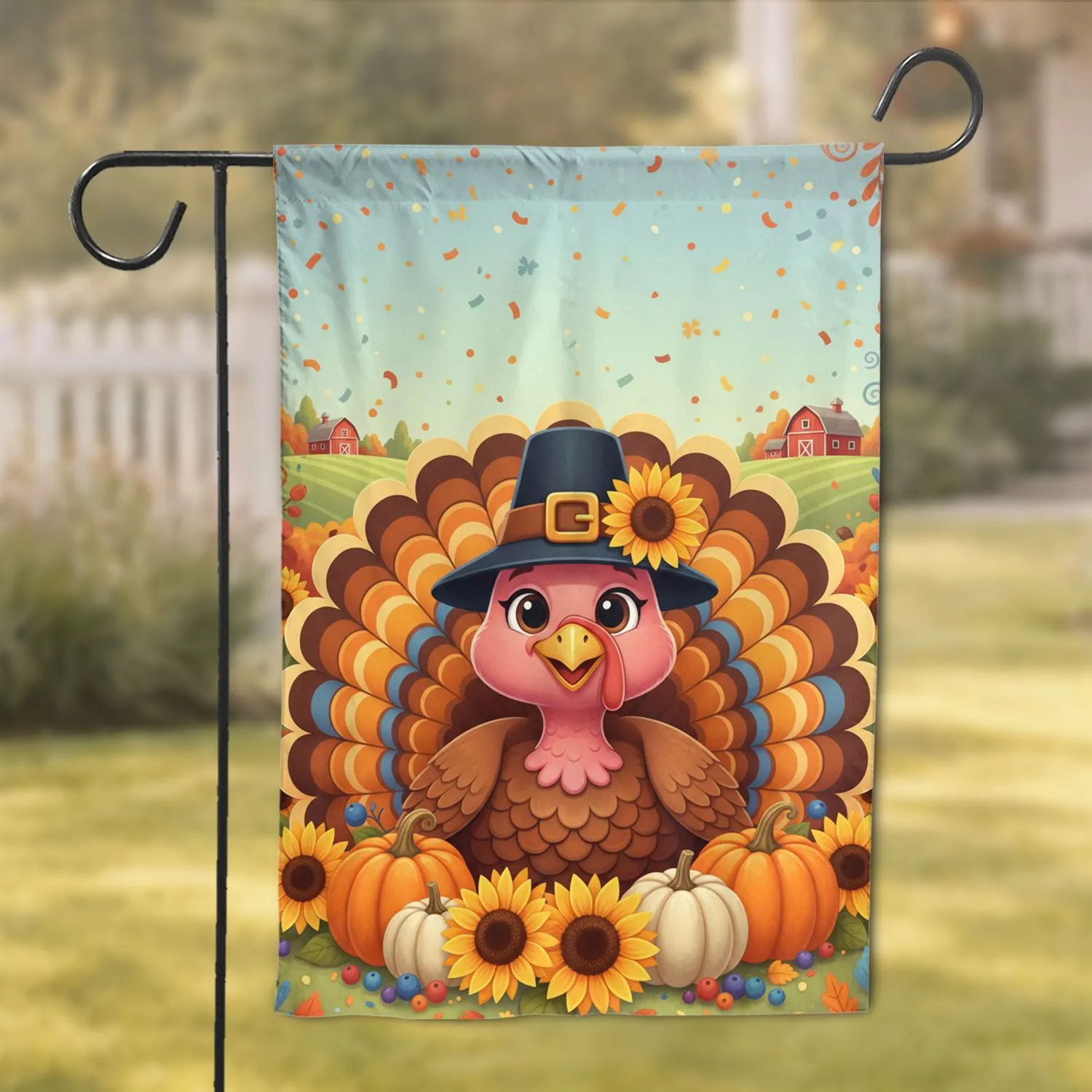 Turkey Pilgrim Hat Pumpkin Sunflower - Thanksgiving Holiday Gift Garden Flag - 1