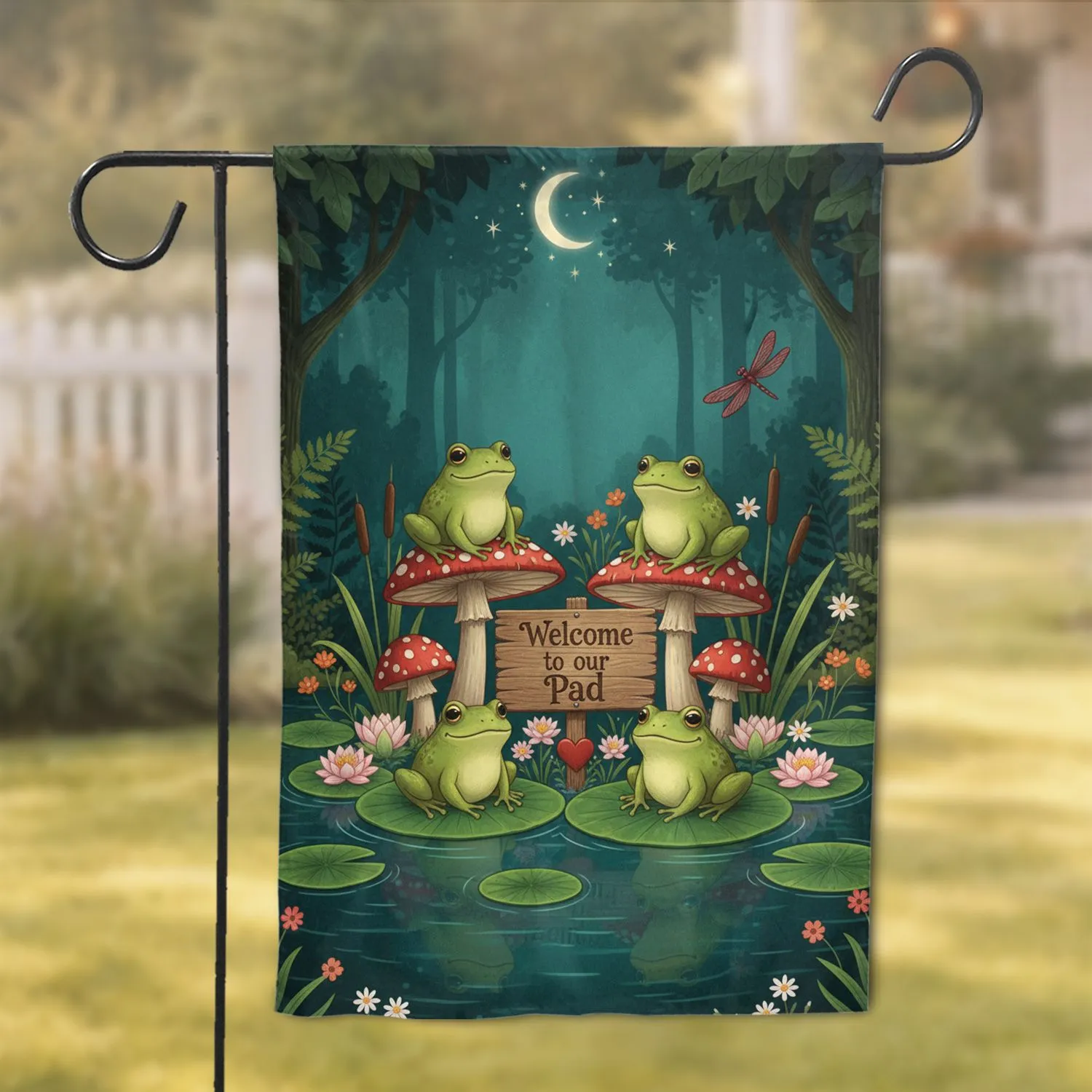 Frogs Welcome Sign Pond Scene Lily Pad Toadstool - Home Decor Gift Garden Flag - 1