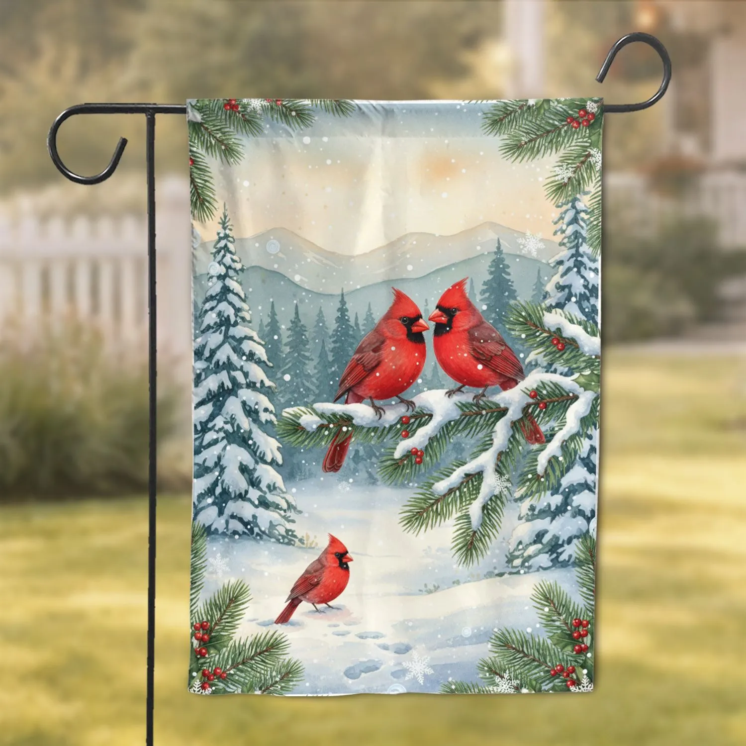 Northern Cardinals Winter Forest Holly Berries - Christmas Bird Lover Gift Garden Flag - 1