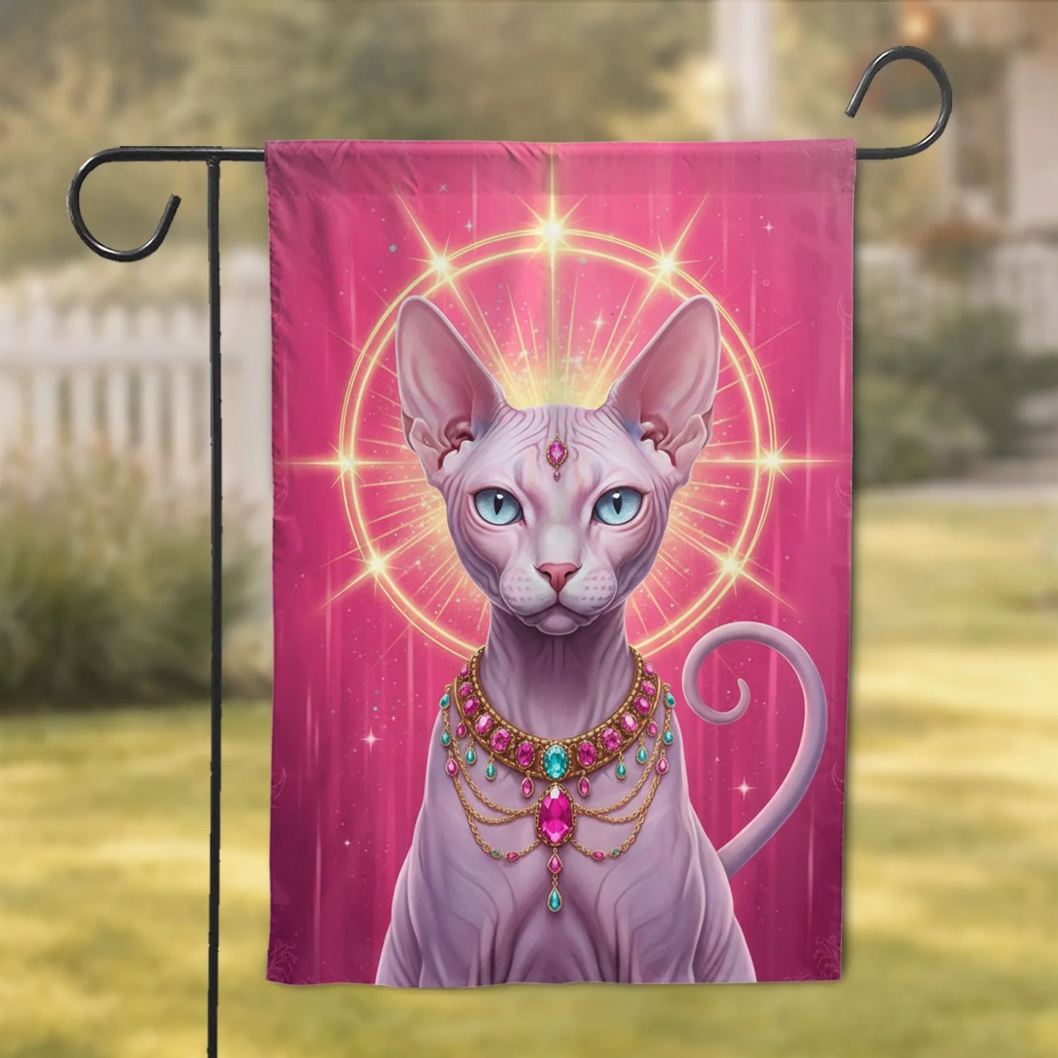 Sphynx Cat Gold Gemstone Necklace Golden Halo - Cat Lover Home Decor Gift Garden Flag - 1