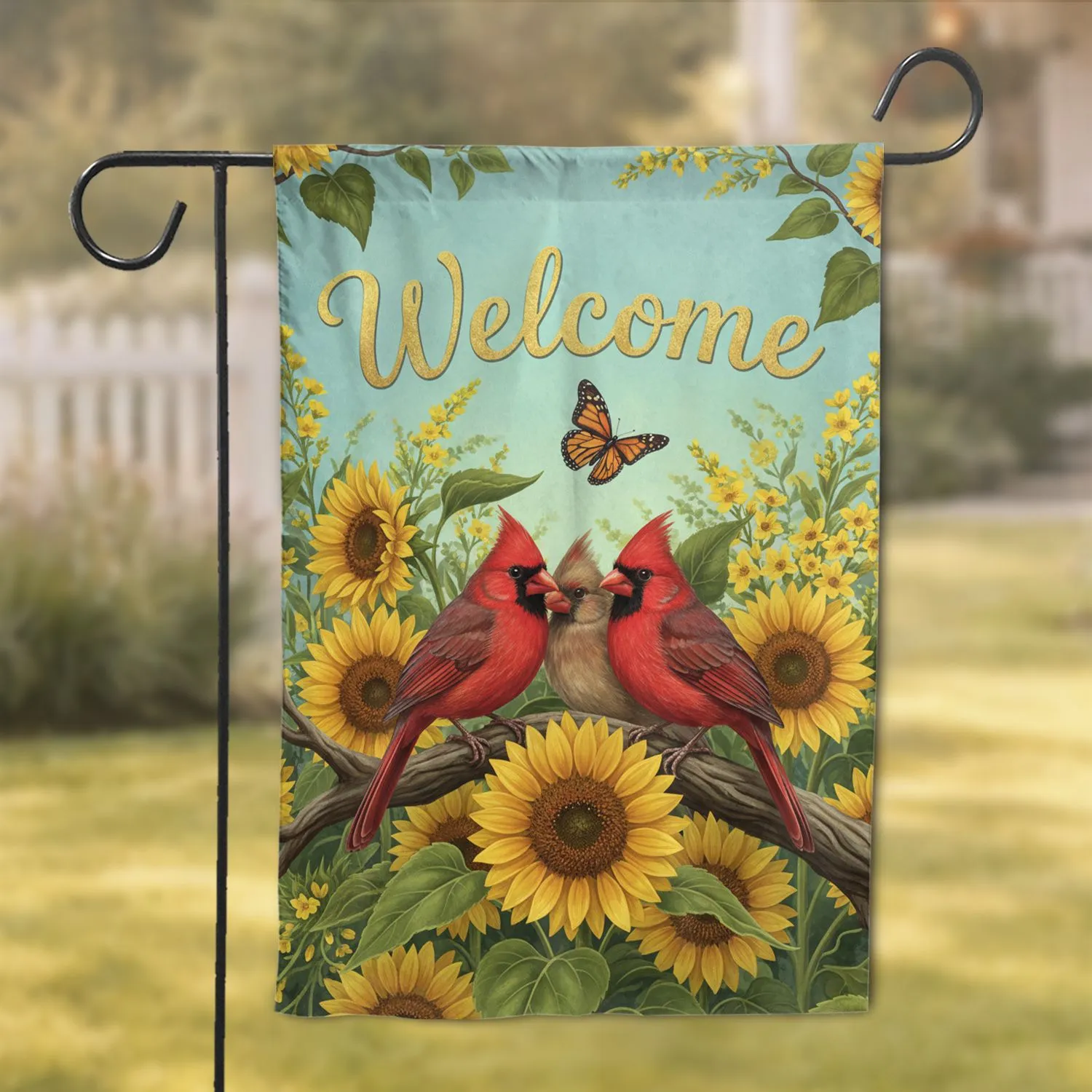 Northern Cardinals Sunflowers Welcome Butterfly - Wildlife Lover Gift for Bird Lover Garden Flag - 1