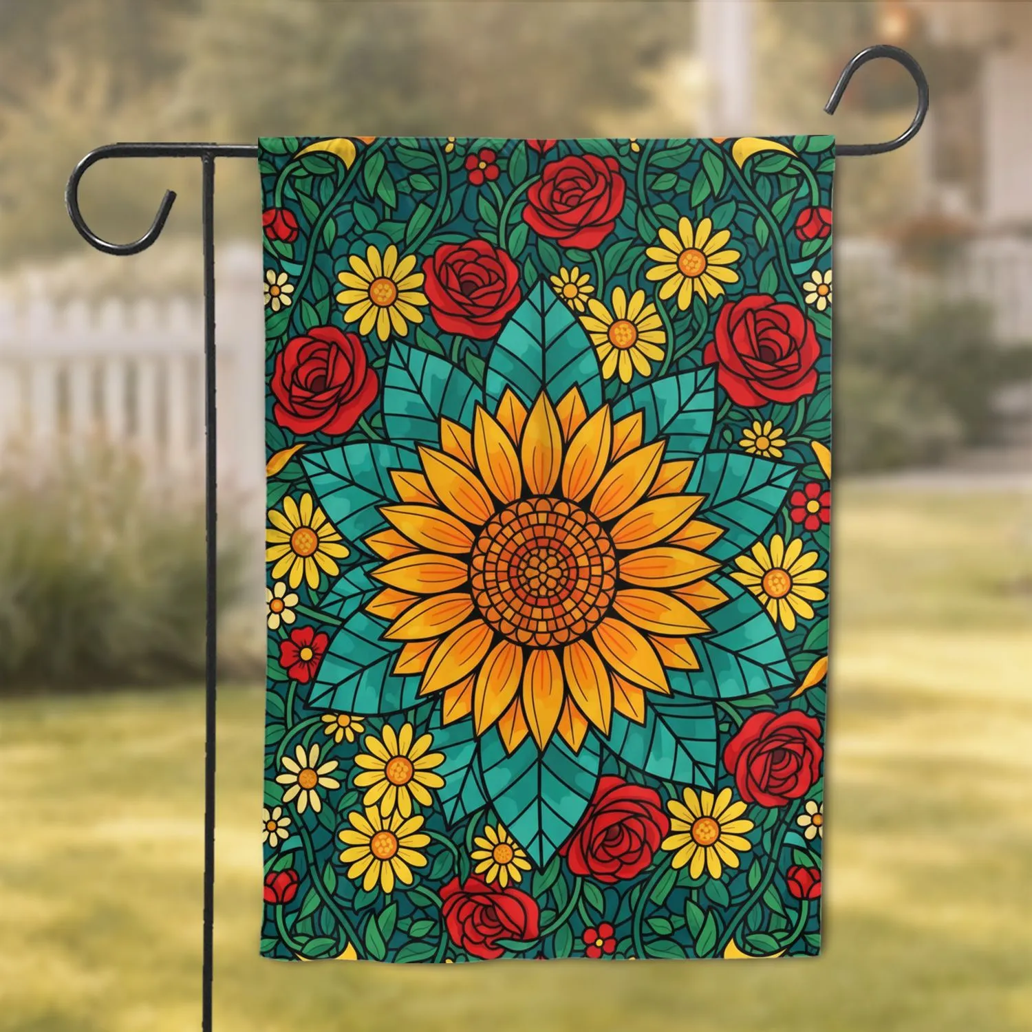 Sunflower Roses Daisies Floral Stained Glass Home Decor Gift for Garden Lover Garden Flag - 1