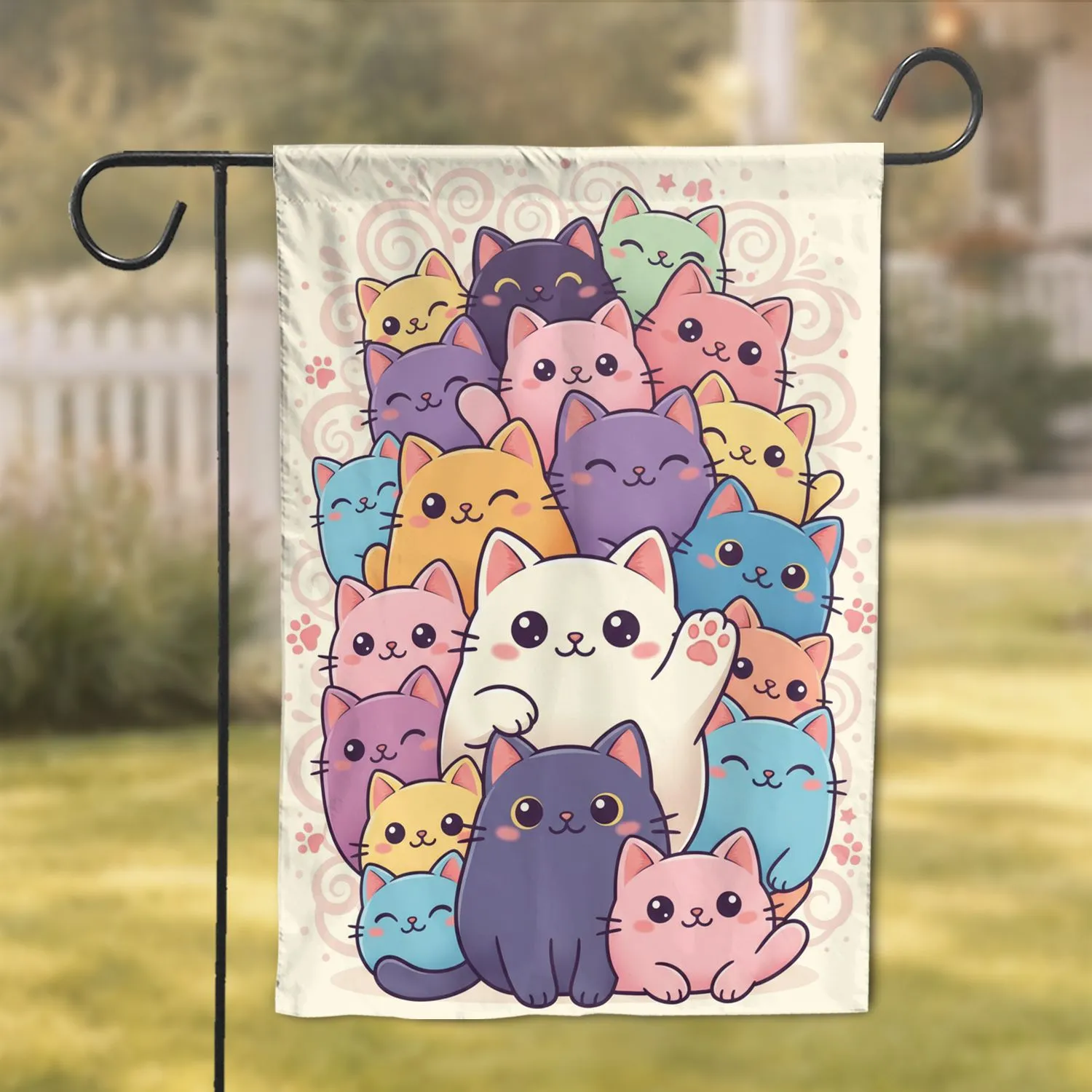 Friendly White Cat with Smiling Curious Plump Feline Crowd - Cat Lover Everyday Home Decor Gift Garden Flag - 1