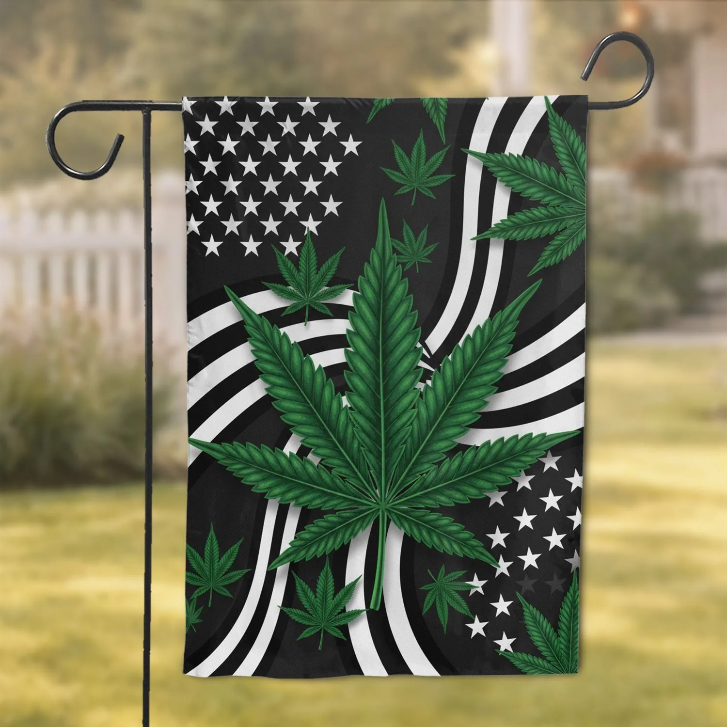 Emerald Green Cannabis Leaves White Stars Stripes - Patriotic Cannabis Enthusiast Home Decor Gift Garden Flag - 1