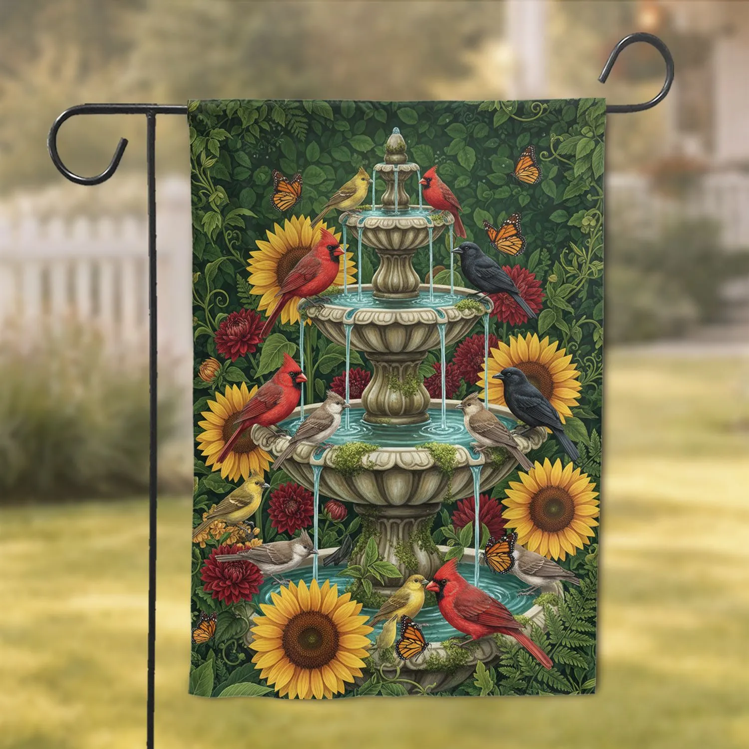 Cardinal Birds, Bird Bath Fountain, Sunflowers, Monarch Butterflies - Wildlife Lover Gift Garden Flag - 1