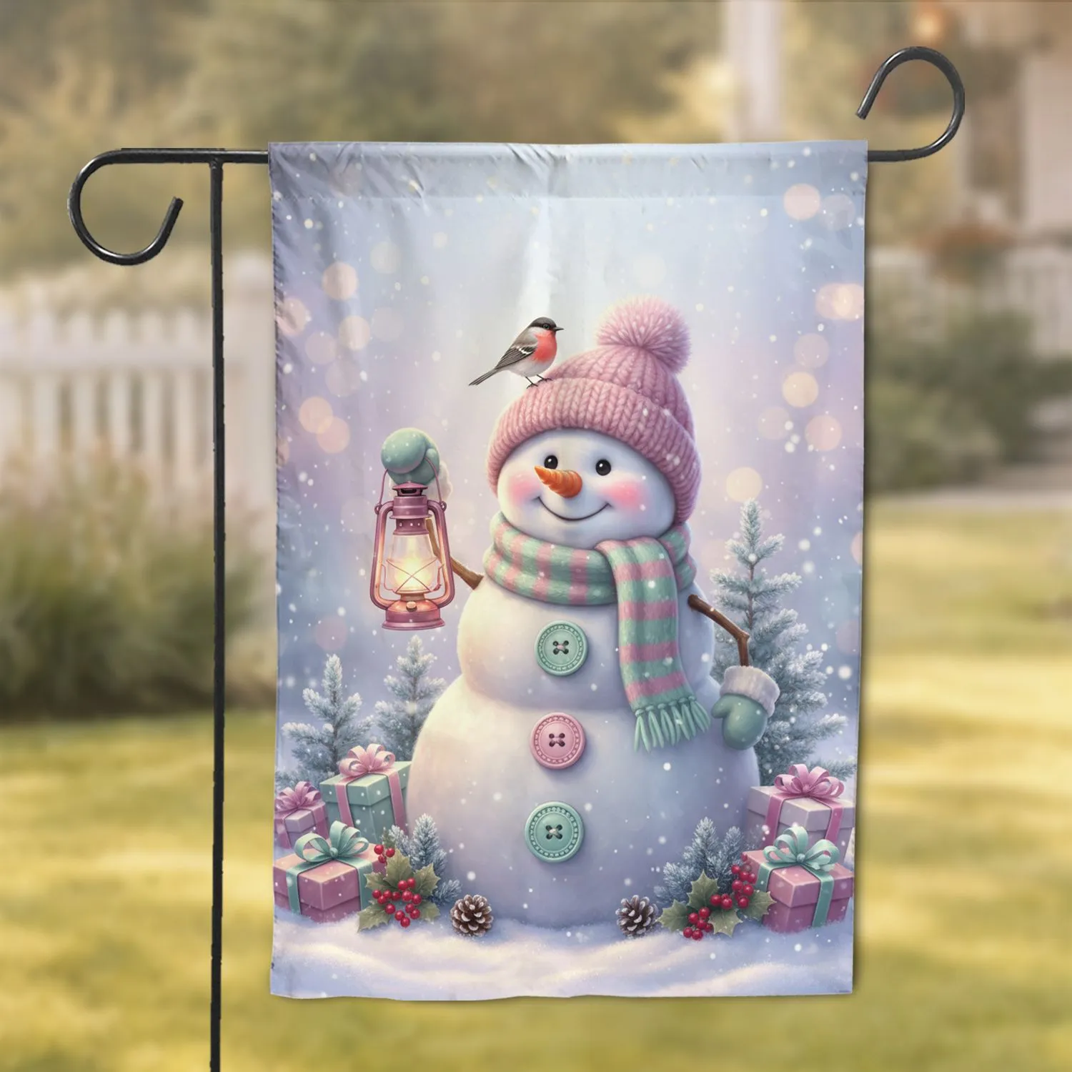 Snowman Lantern Bird Christmas Gifts Frosted Pinecones Berries - Holiday Home Decor Gift Garden Flag - 1