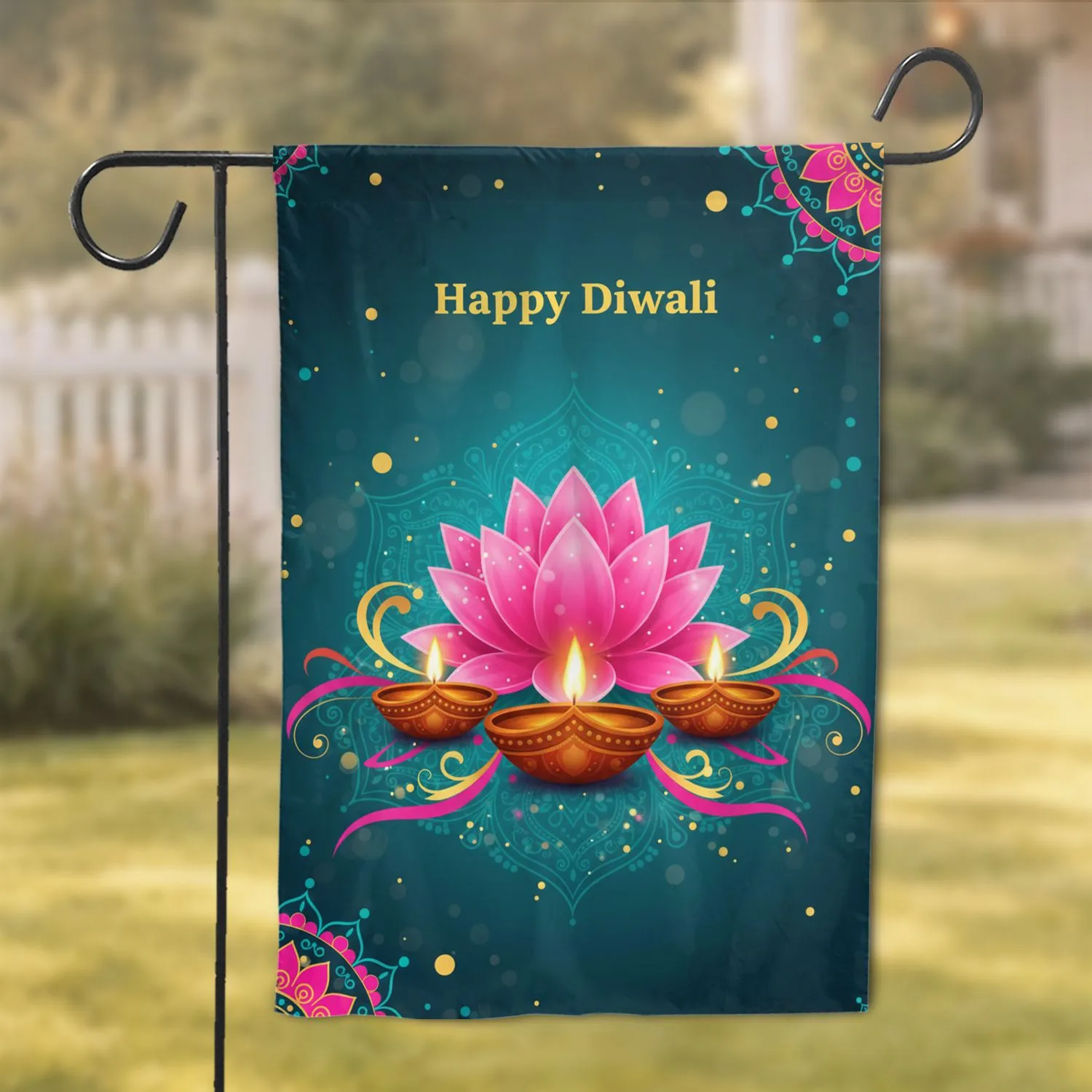 Pink Lotus Golden Diyas Rangoli Mandala - Happy Diwali Celebration Gift Garden Flag - 1