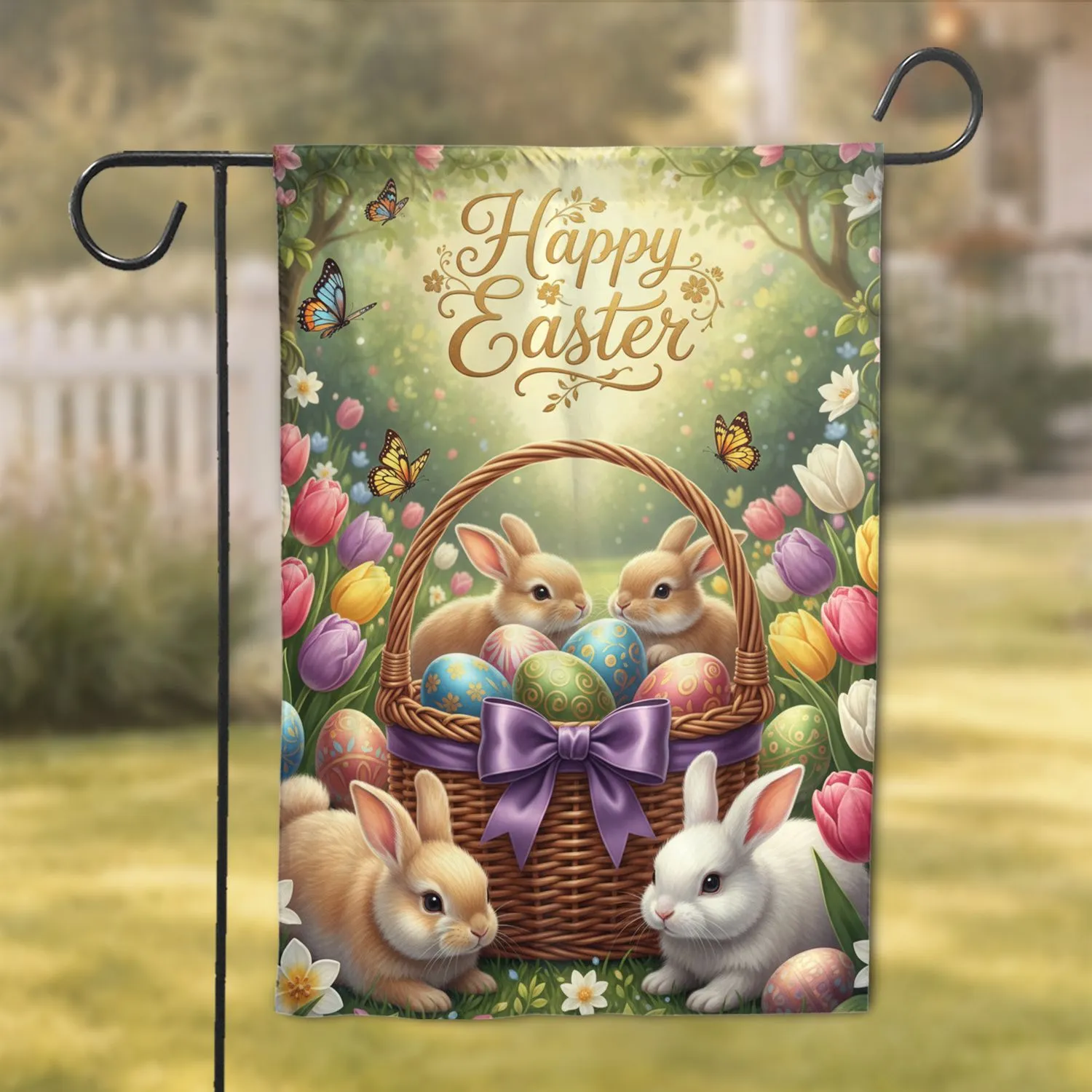 Happy Easter Bunnies Basket Eggs Spring Garden - Easter Celebration Gift Garden Flag - 1