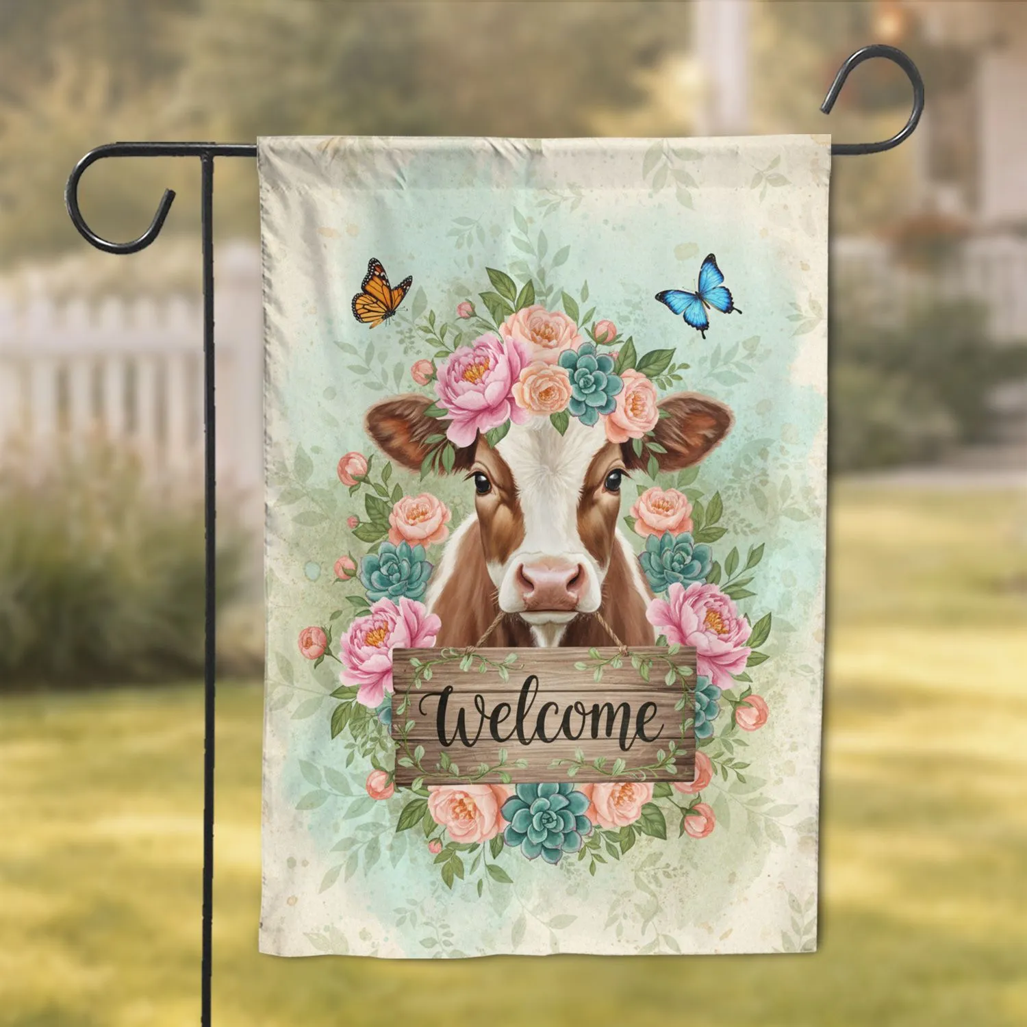 Fluffy Calf Floral Wreath Welcome Sign - Farmhouse Home Decor Gift for Cow Lover Garden Flag - 1