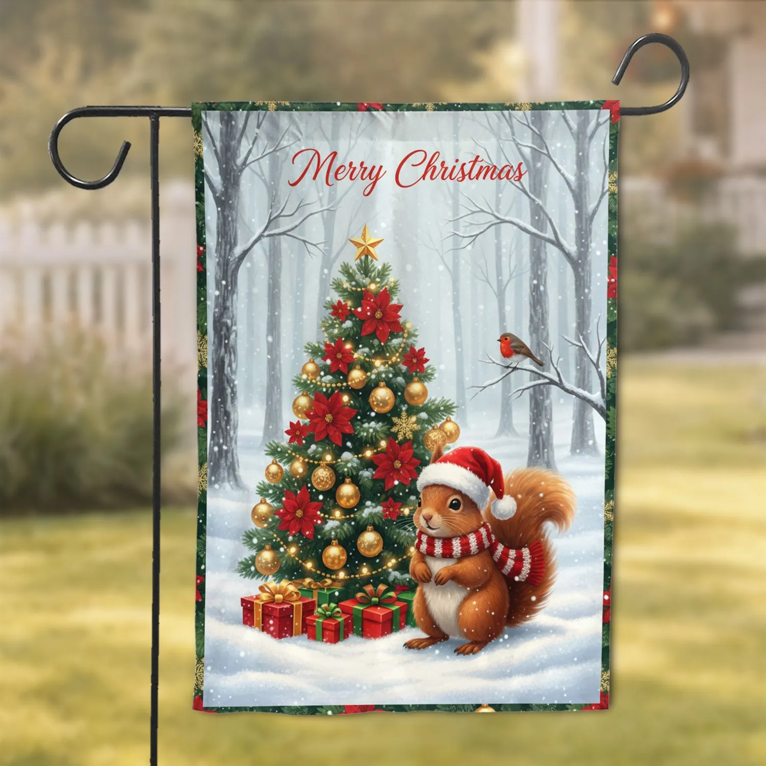 Red Squirrel Robin Christmas Tree Presents Snow Scene Merry Christmas - Holiday Gift Garden Flag - 1